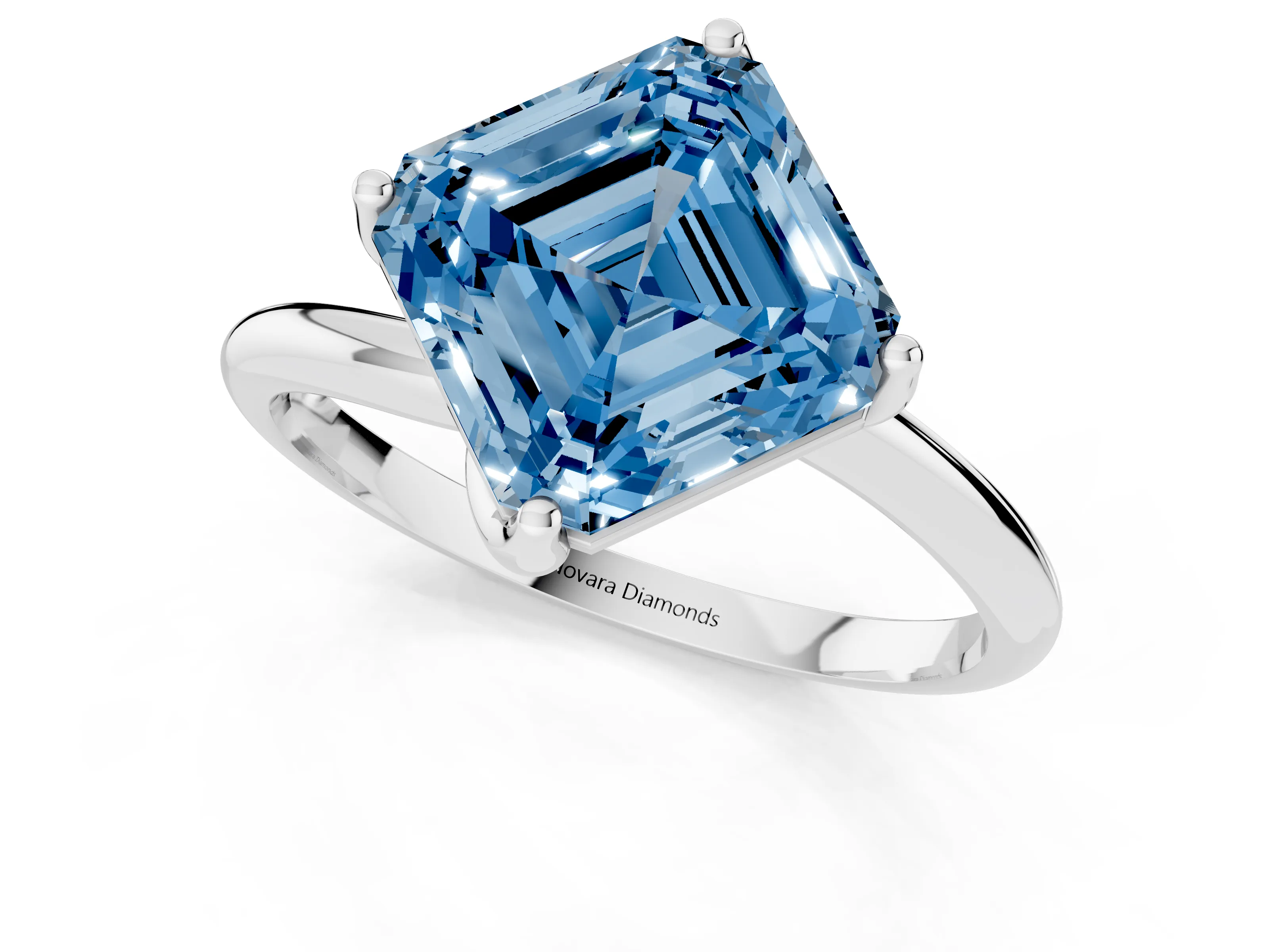 Fancy Blue Asscher Cut Diamond Solitaire Engagement Ring Set in White gold with Classic Plain Band