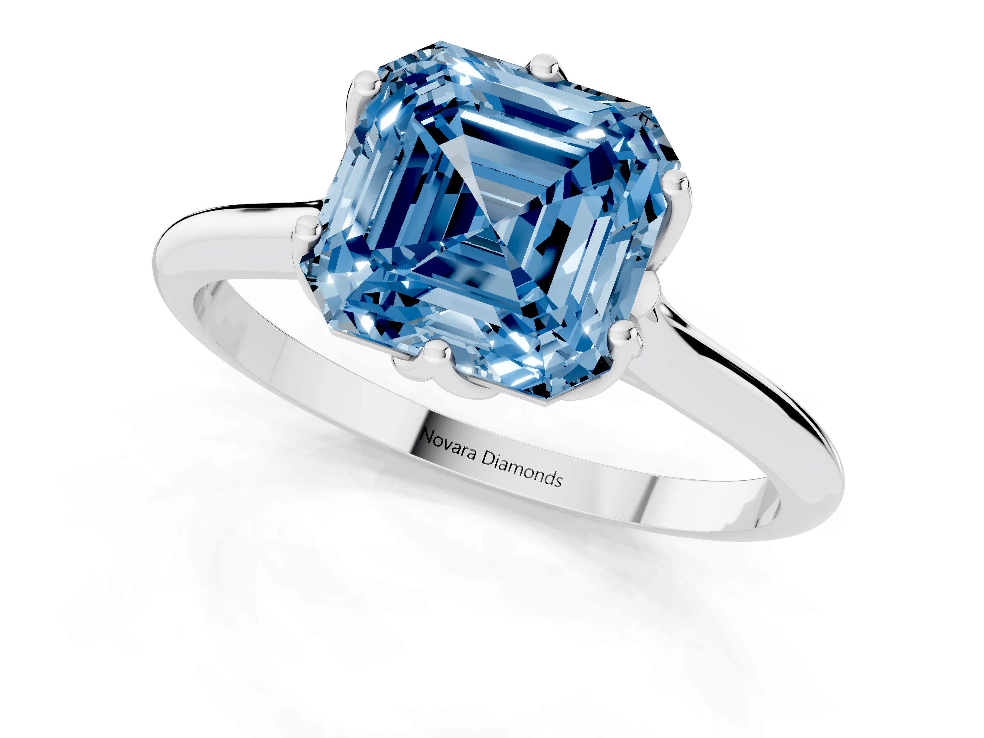 Fancy Blue Asscher Cut Diamond Solitaire Cathedral Ring Set in Platinum with Prong Setting