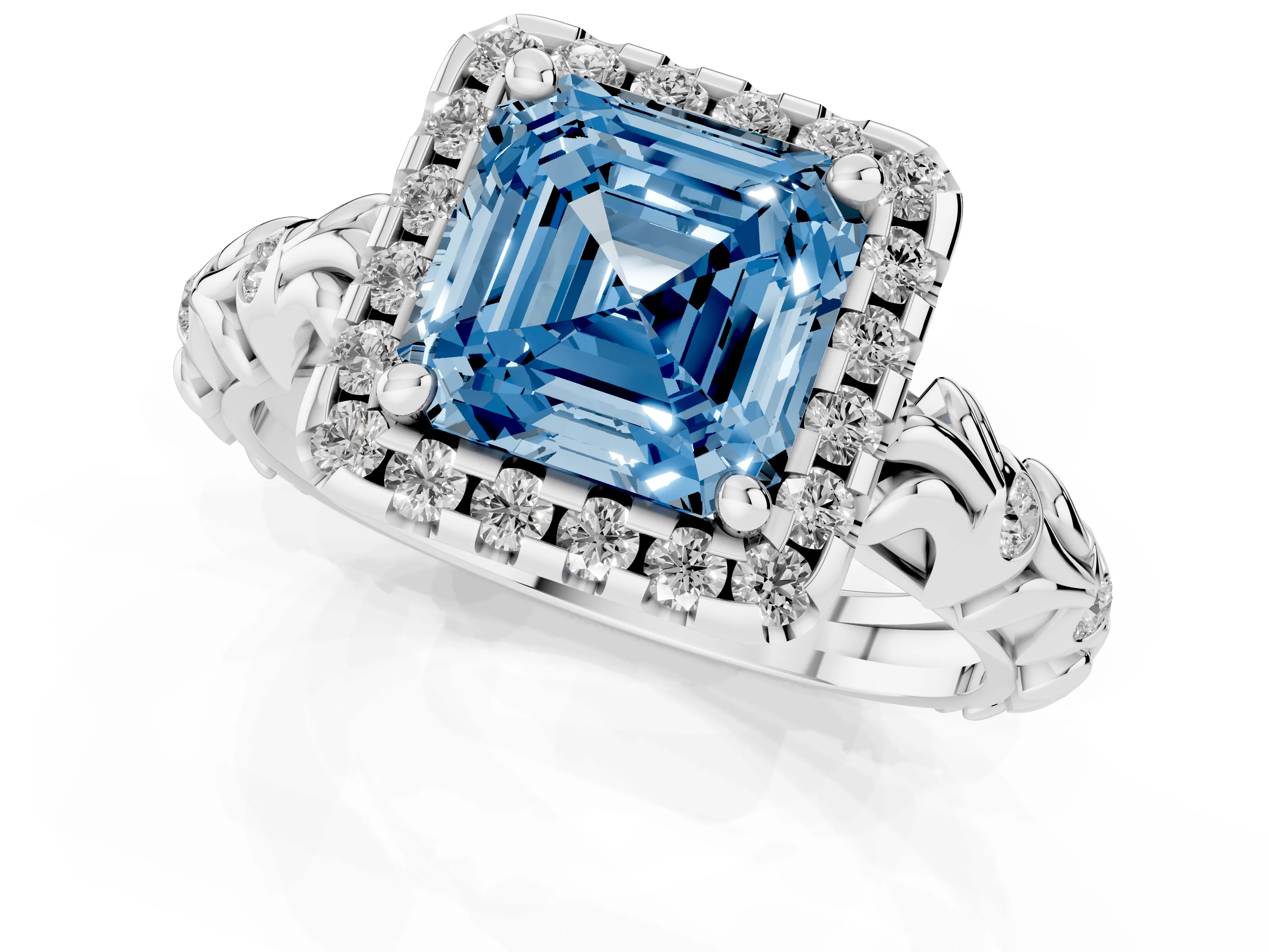 Fancy Blue Asscher Cut Diamond Halo Ring Set in White gold with Filigree Leaf Band and Prong Setting