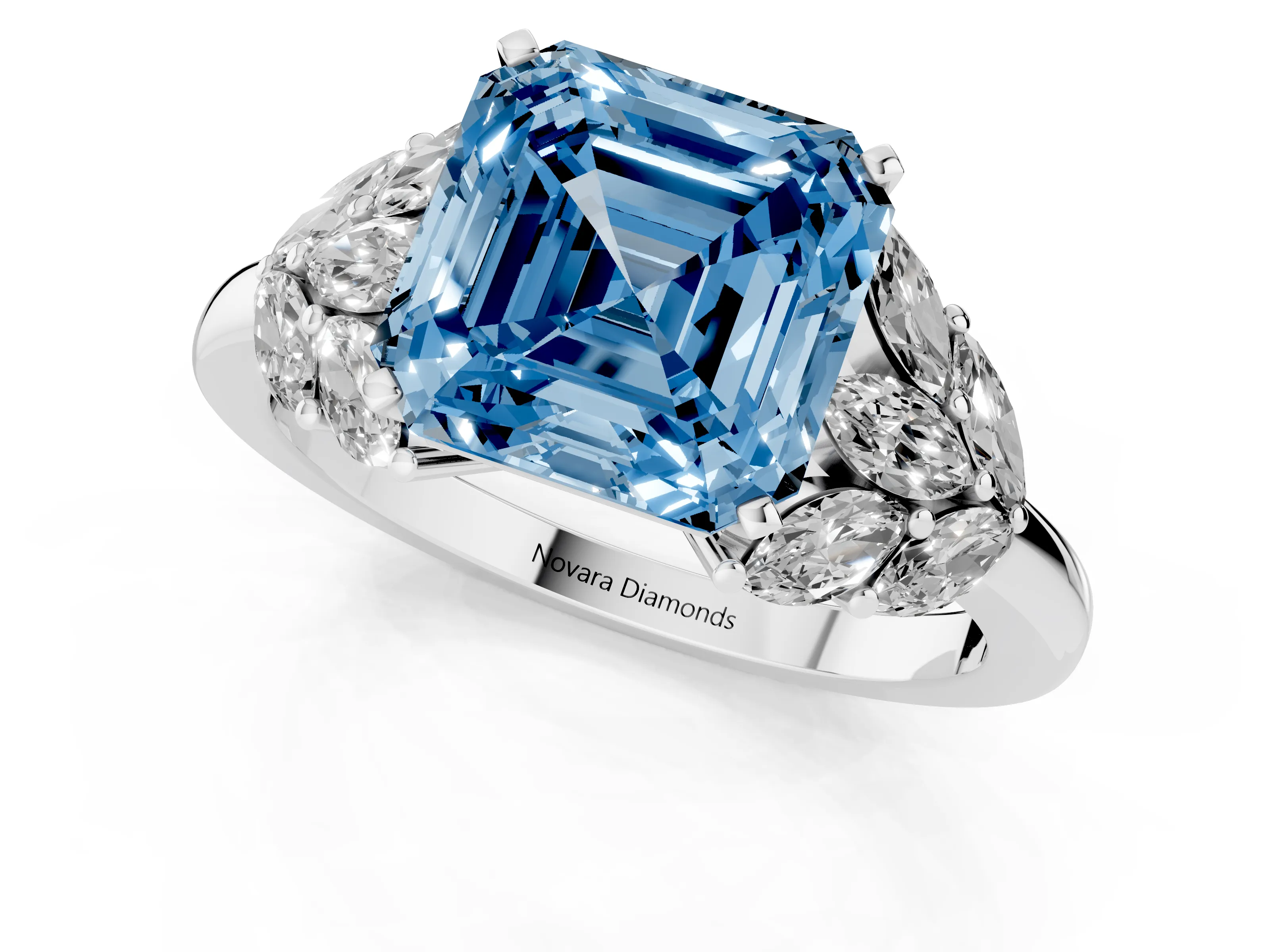 Fancy Blue Asscher Cut Diamond Cluster Leaf Design Ring Set in White gold with Prong Setting