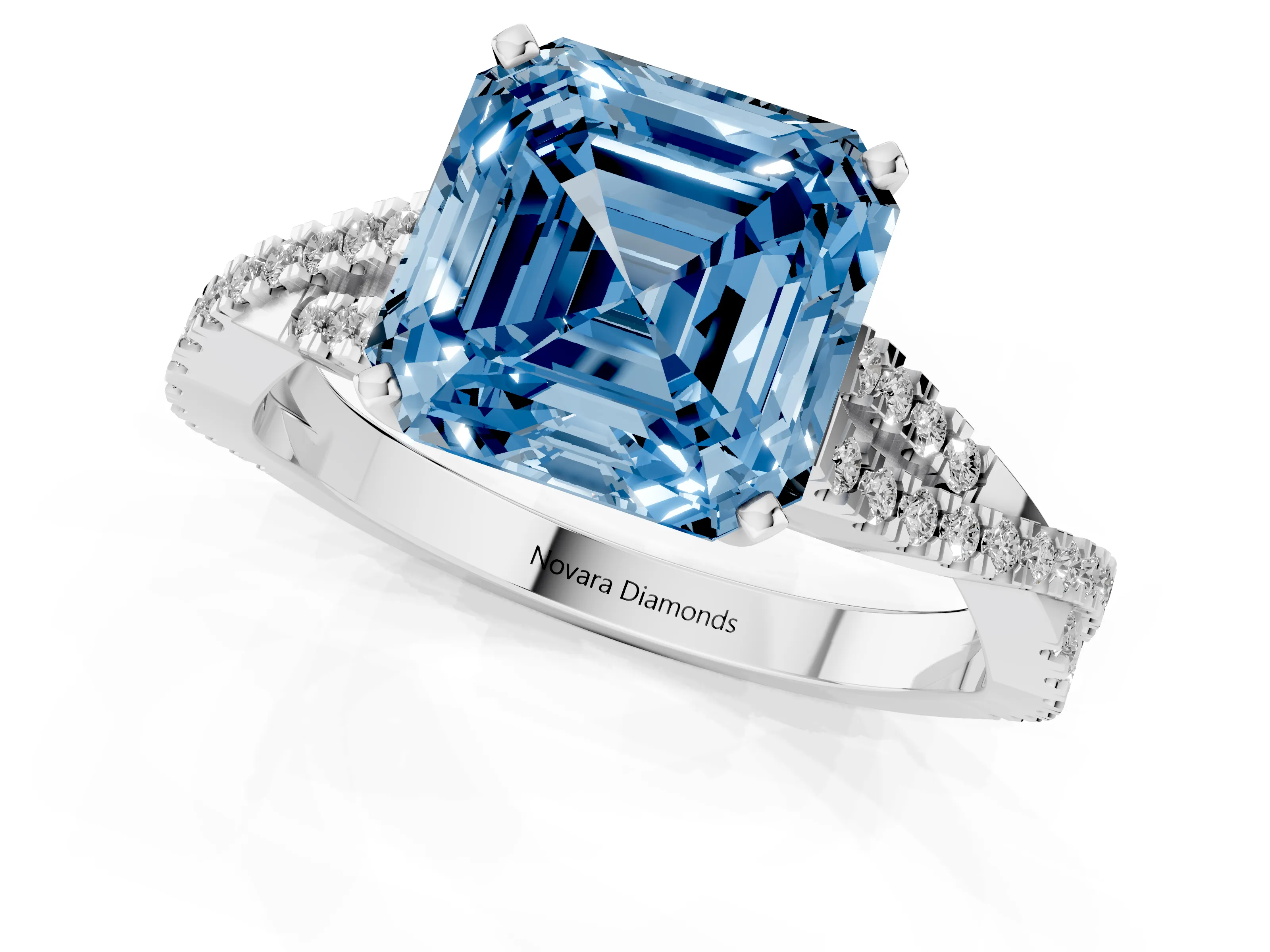 Fancy Blue Asscher Cut Diamond Solitaire Engagement Ring Set in White gold with Twisted Pavé Band and Prong Setting