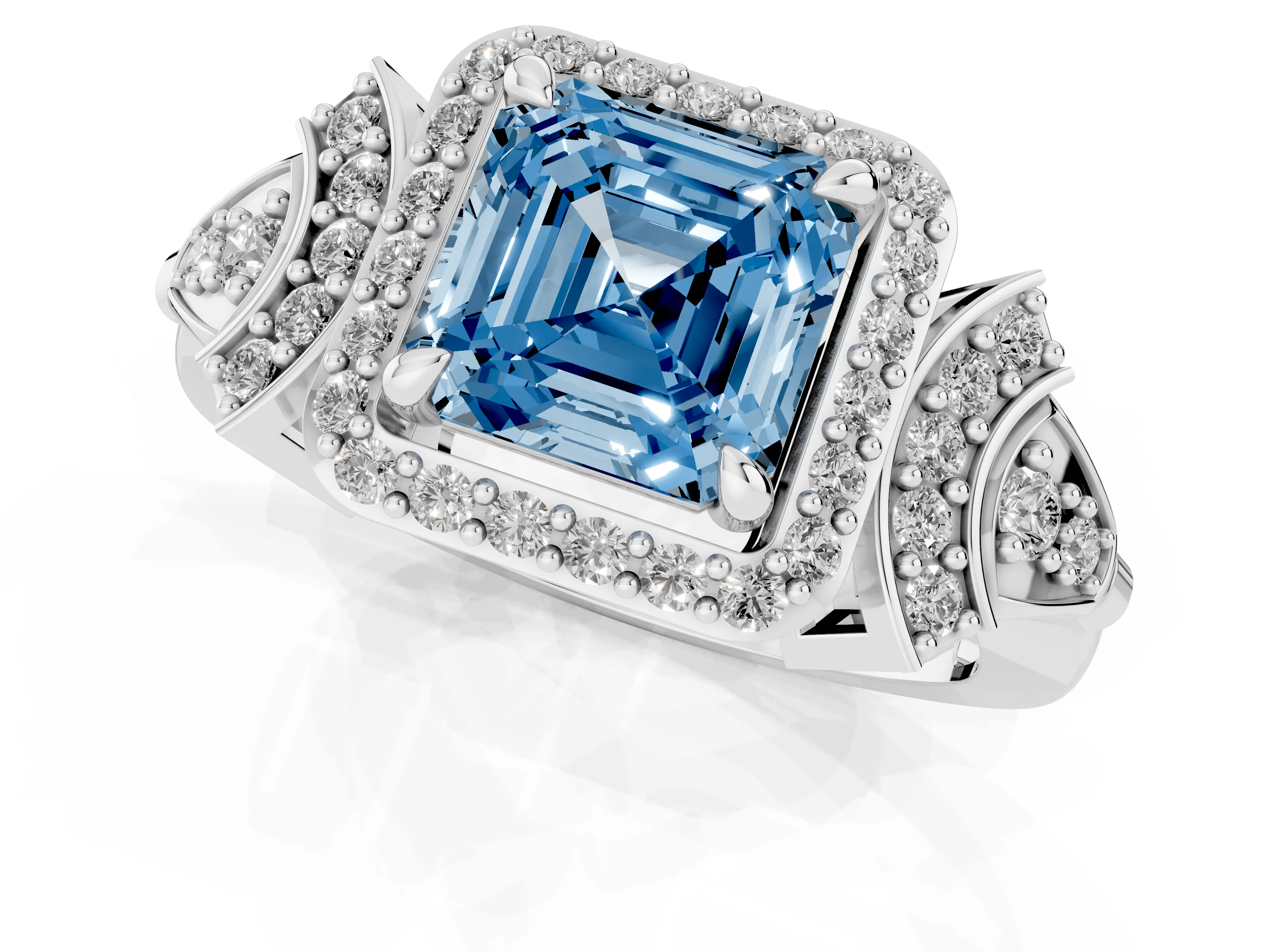 Fancy Blue Asscher Cut Diamond Halo Engagement Ring Set in White gold with Accent Stone Split Shank
