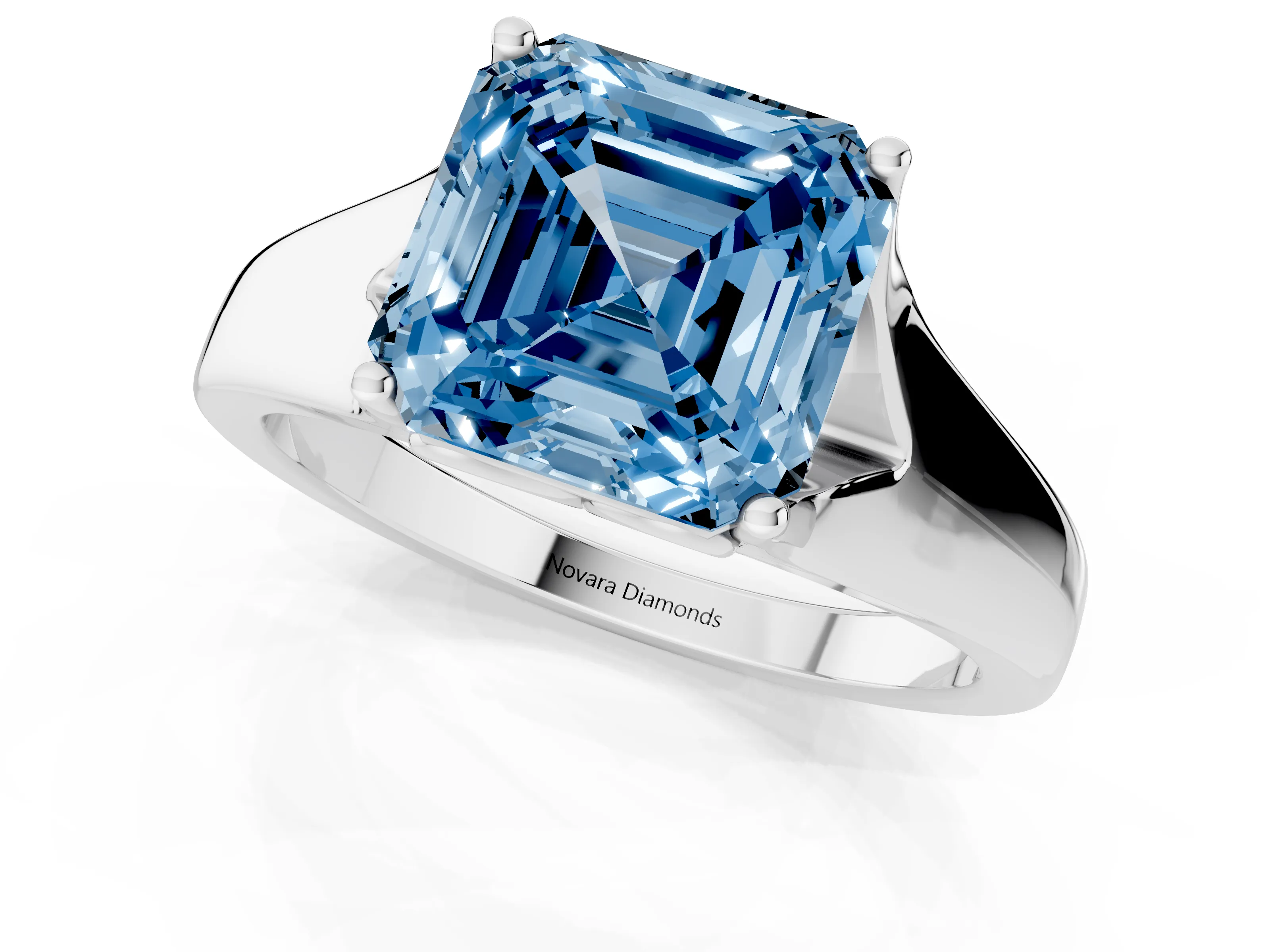 Fancy Blue Asscher Cut Diamond Solitaire Ring Set in Platinum with Arched Cathedral Band and Prong Setting