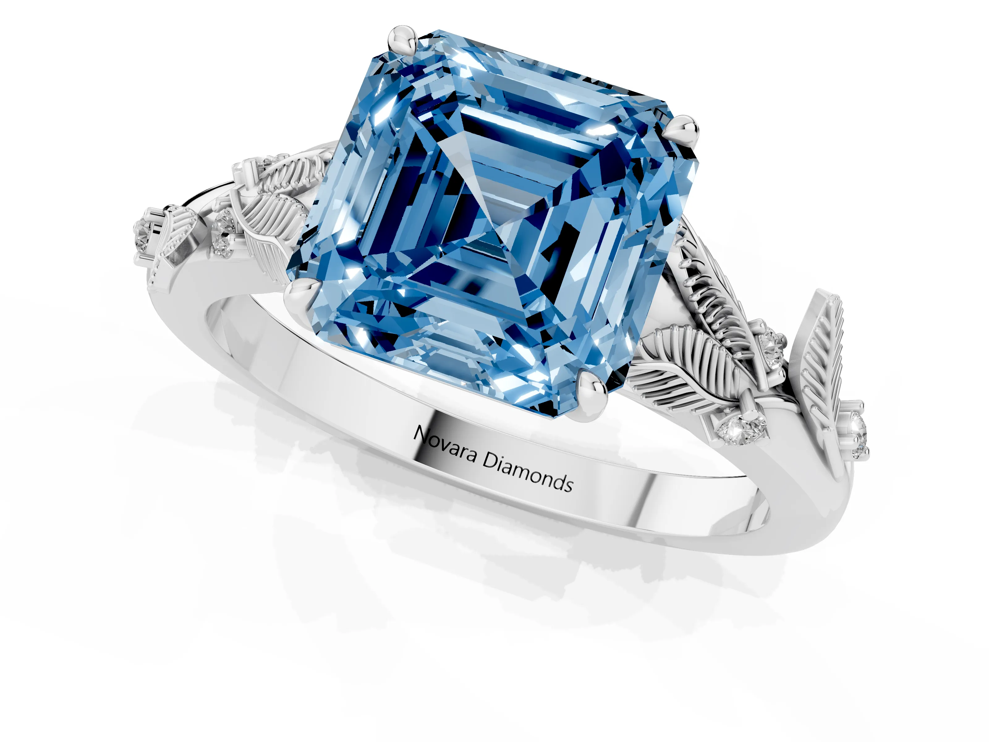 Fancy Blue Asscher Cut Diamond Solitaire Ring Set in White gold with Leaf Motif Band