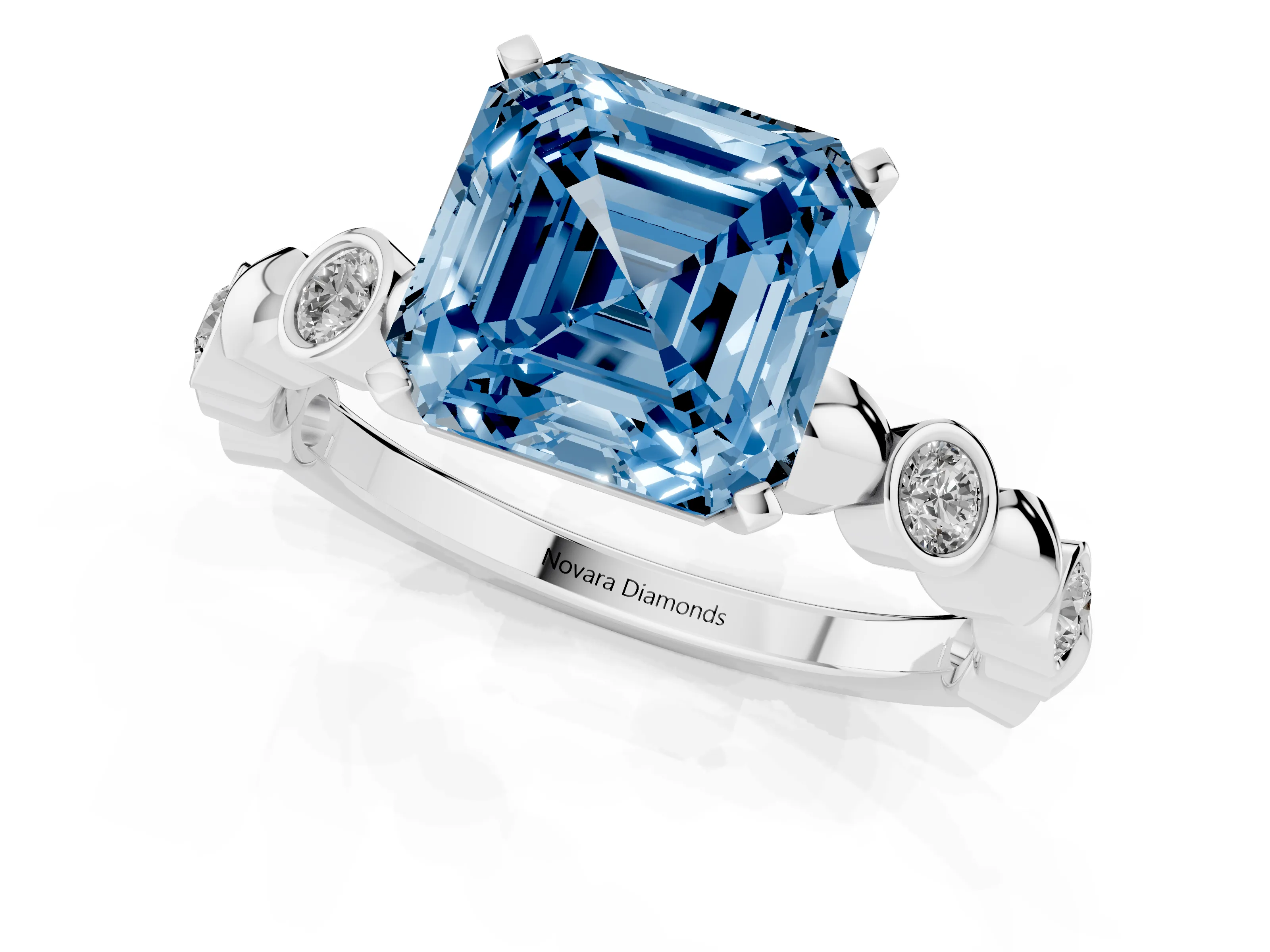 Fancy Blue Asscher Cut Diamond Solitaire Ring Set in Silver with Bezel-Set Accents on Beaded Band and Prong Setting
