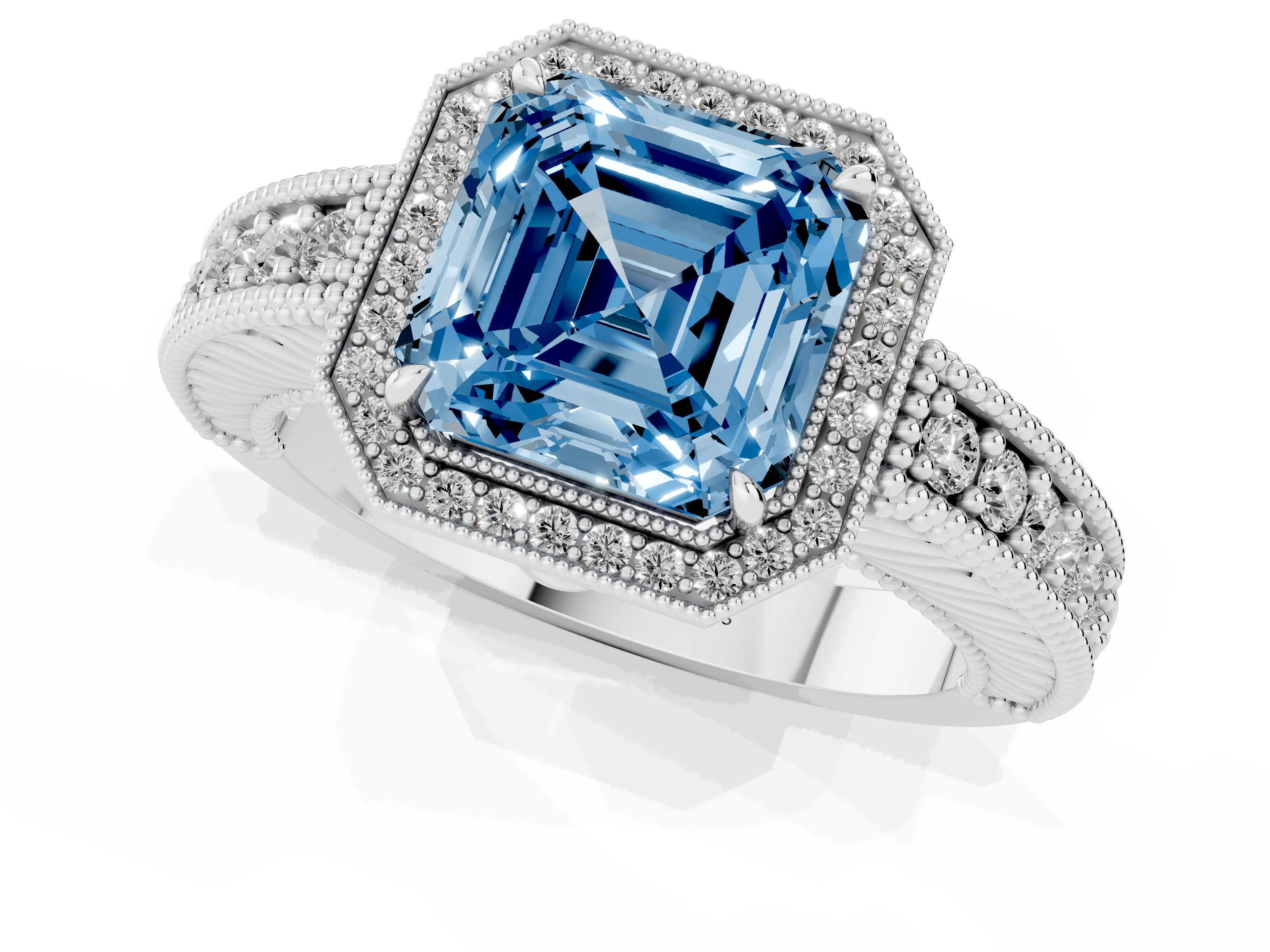Fancy Blue Asscher Cut Diamond Halo Ring Set in White gold with Round Accent Halo, Pavé Band and Prong Setting