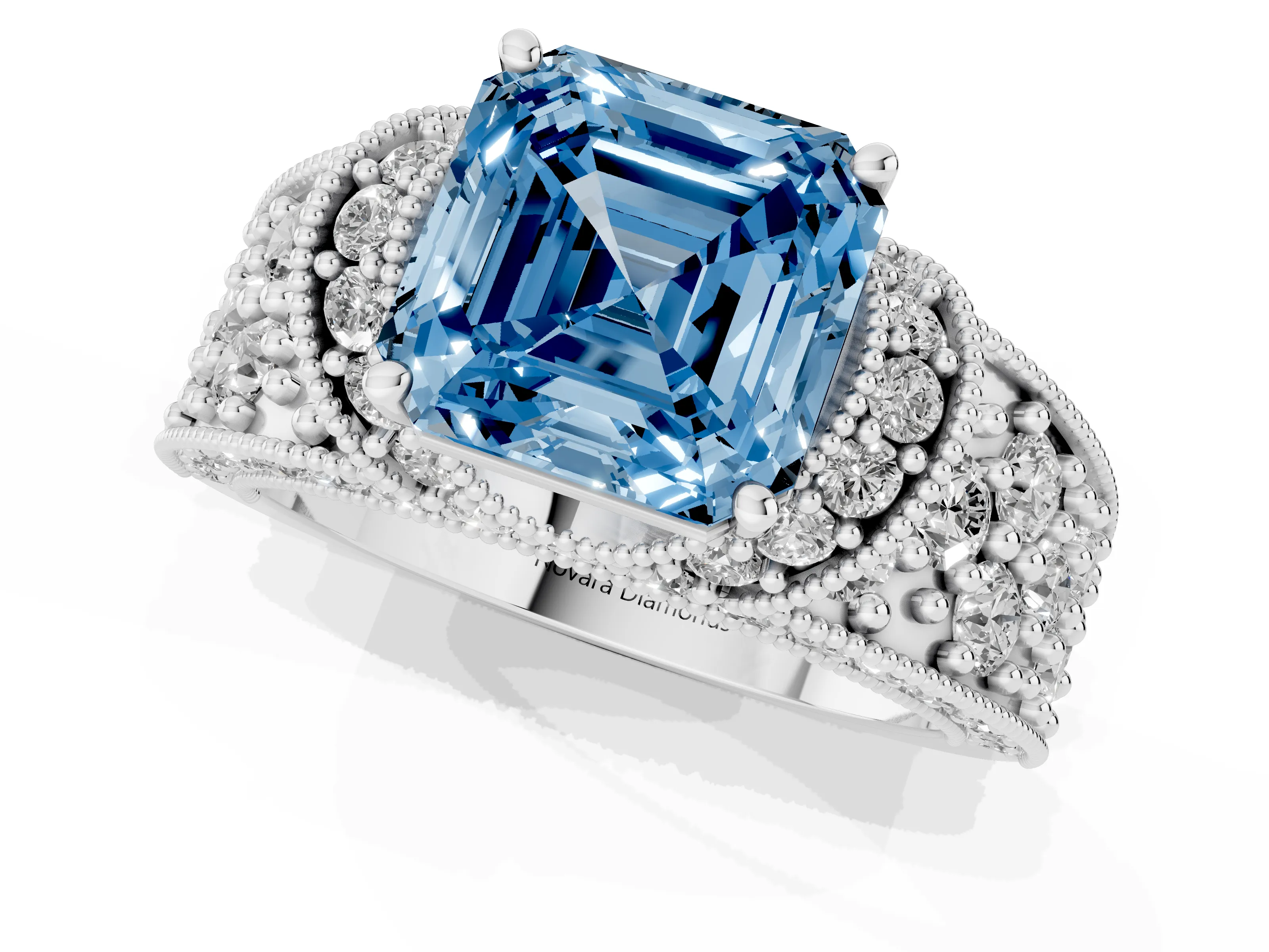 Fancy Blue Asscher Cut Diamond Milgrain Halo Pavé Engagement Ring Set in Silver with Prong Setting