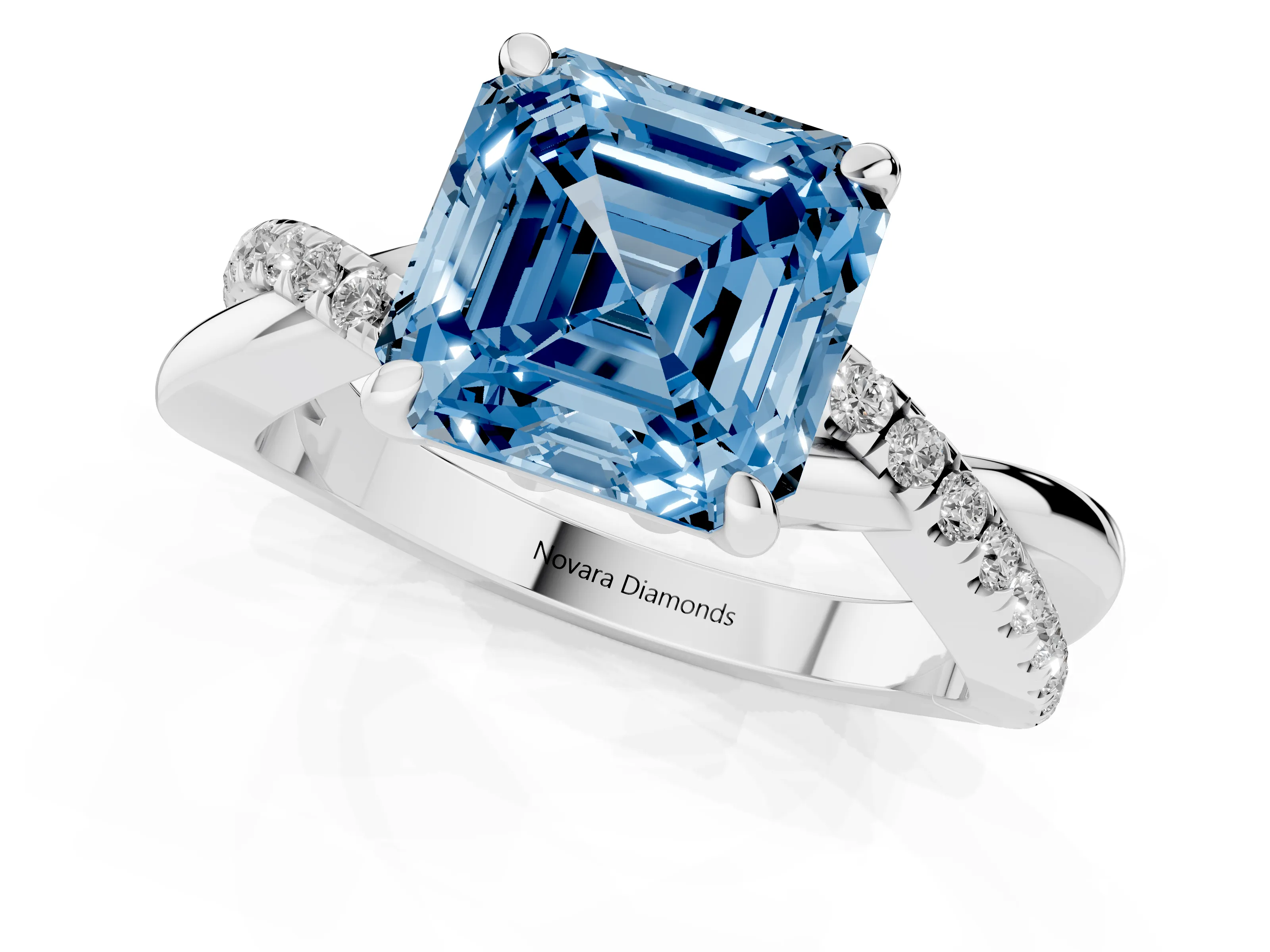 Fancy Blue Asscher Cut Diamond Twist Band Pavé Solitaire Ring Set in White gold with Prong Setting