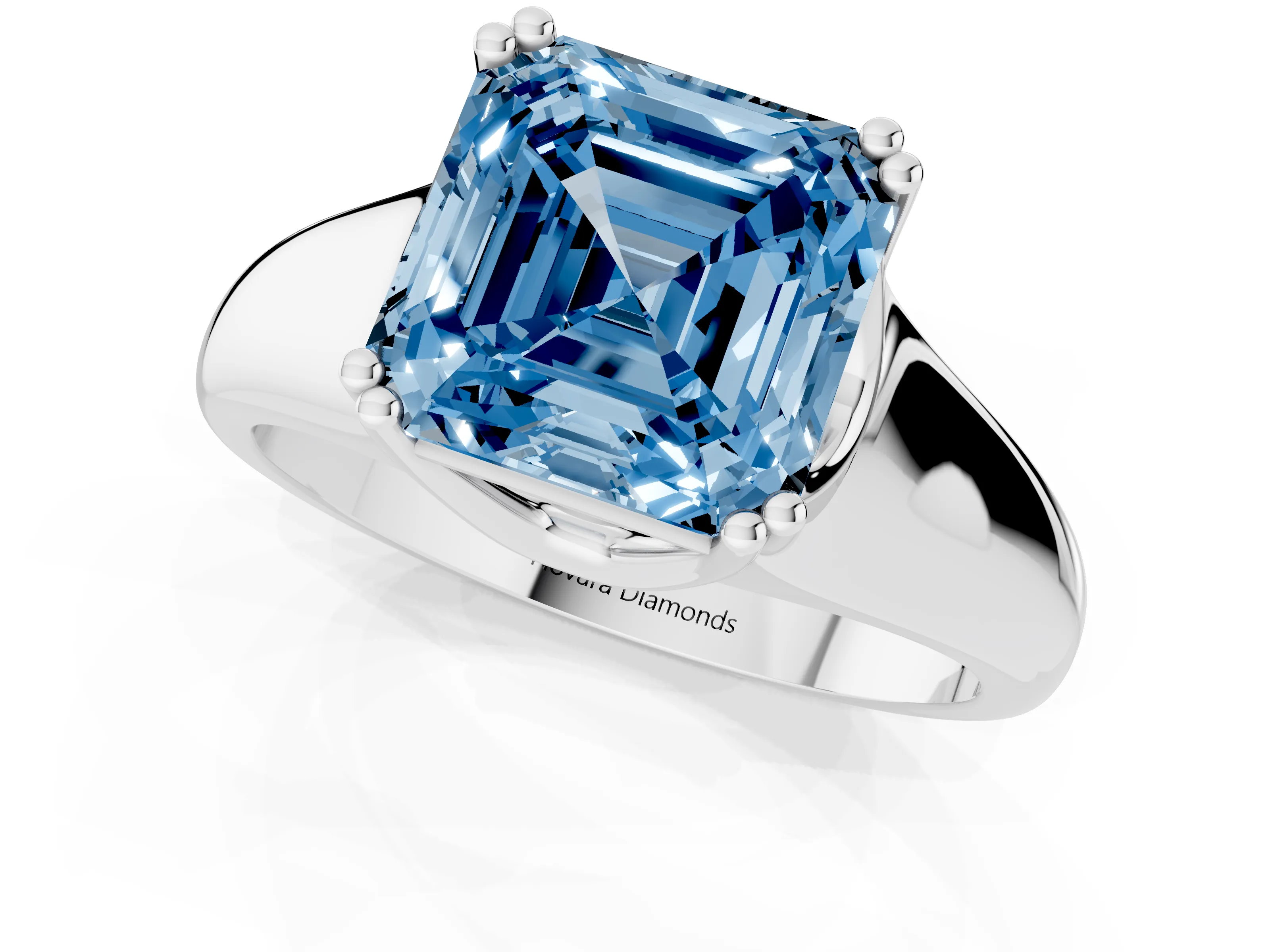 Fancy Blue Asscher Cut Diamond Solitaire Ring Set in Platinum with Wide Band and Prong Setting