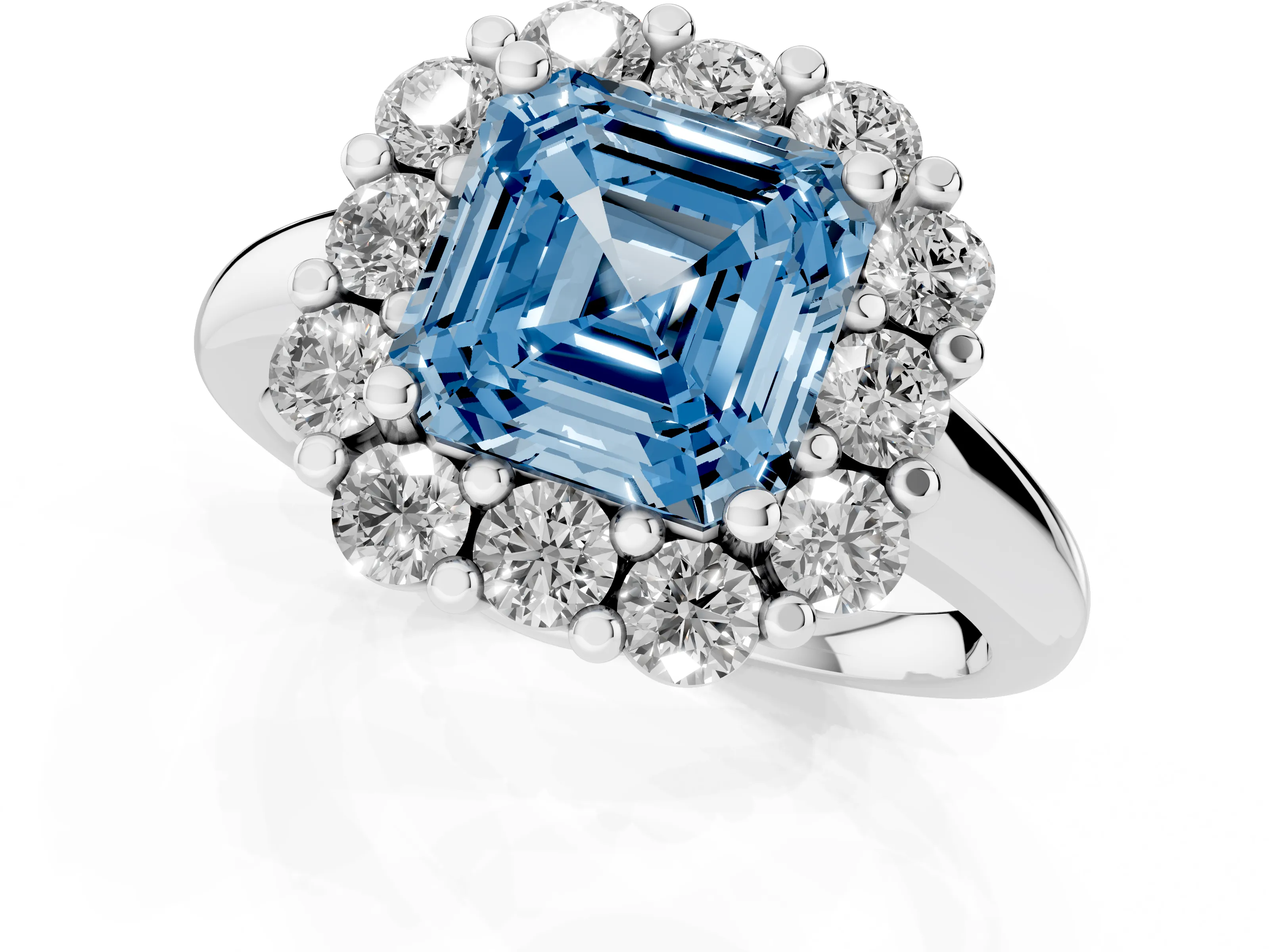 Fancy Blue Asscher Cut Diamond Halo Cluster Engagement Ring Set in Silver with Polished Band and Prong Setting