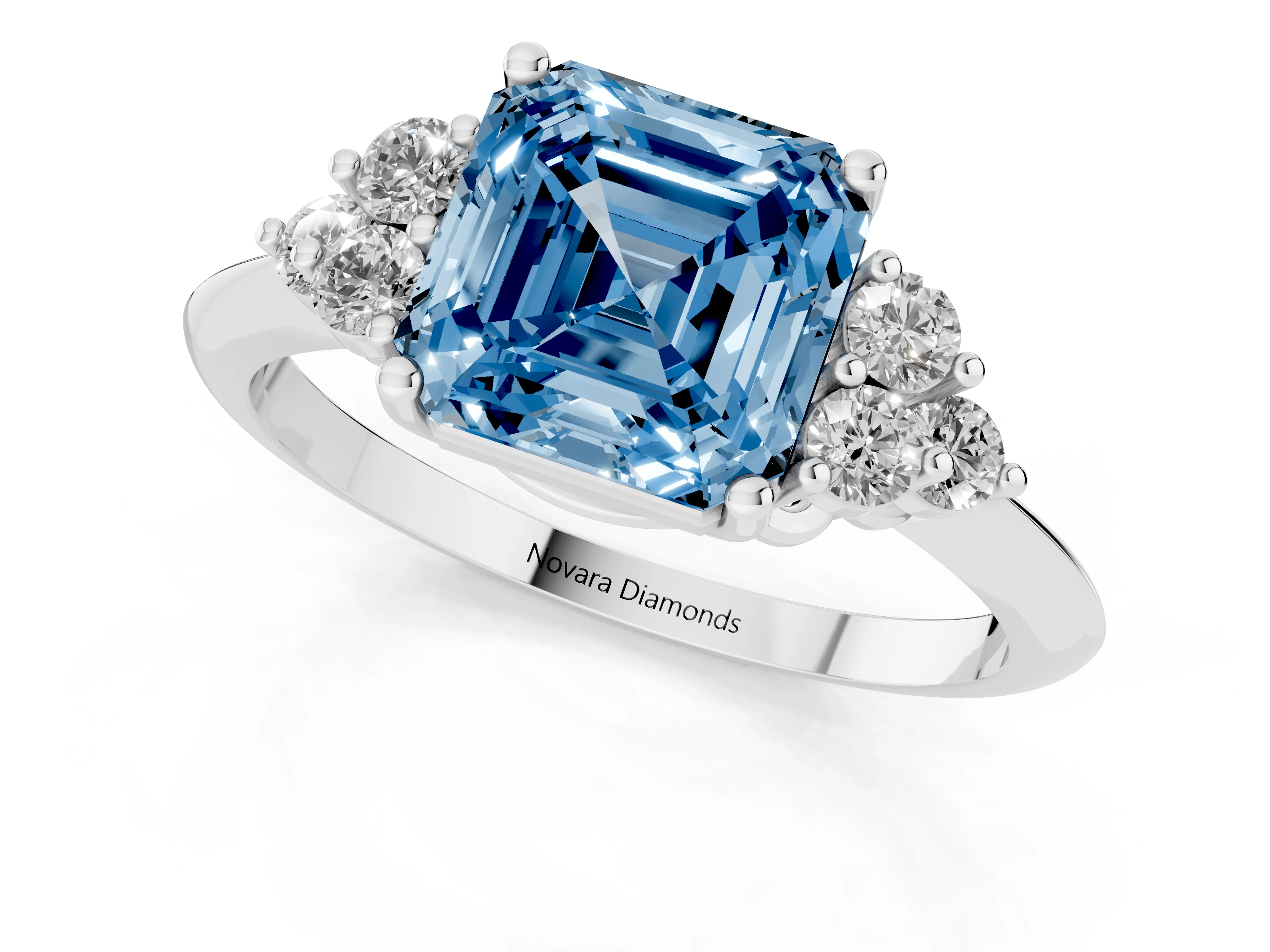 Fancy Blue Asscher Cut Diamond Cluster Ring Set in White gold with Plain Band and Prong Setting