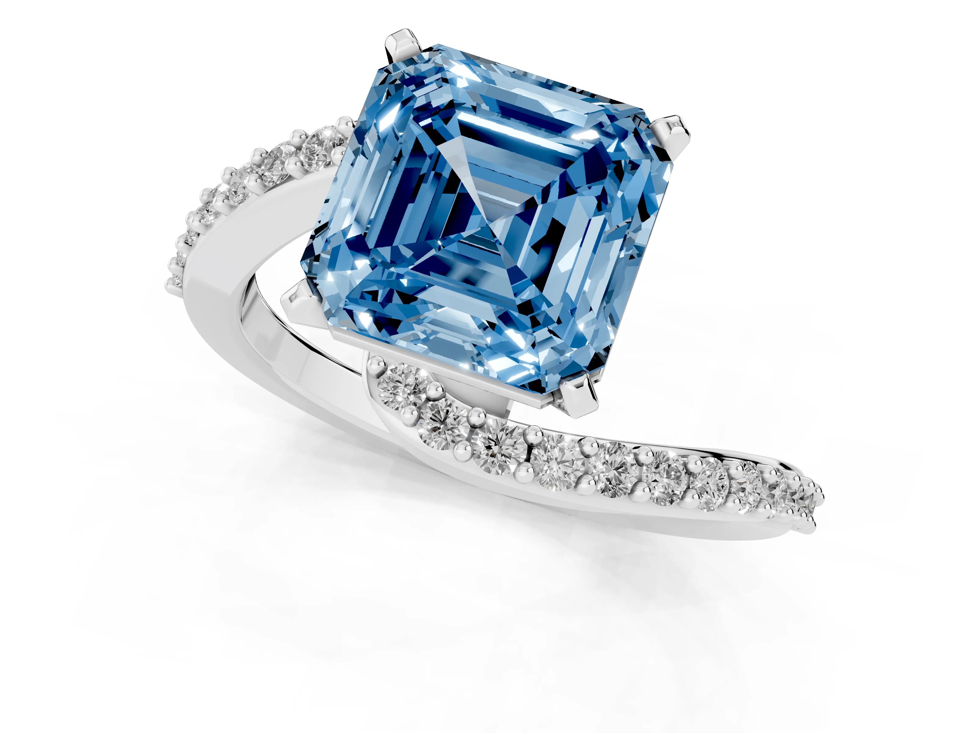 Fancy Blue Asscher Cut Diamond Solitaire Ring Set in White gold with Pavé Twist Band and Prong Setting