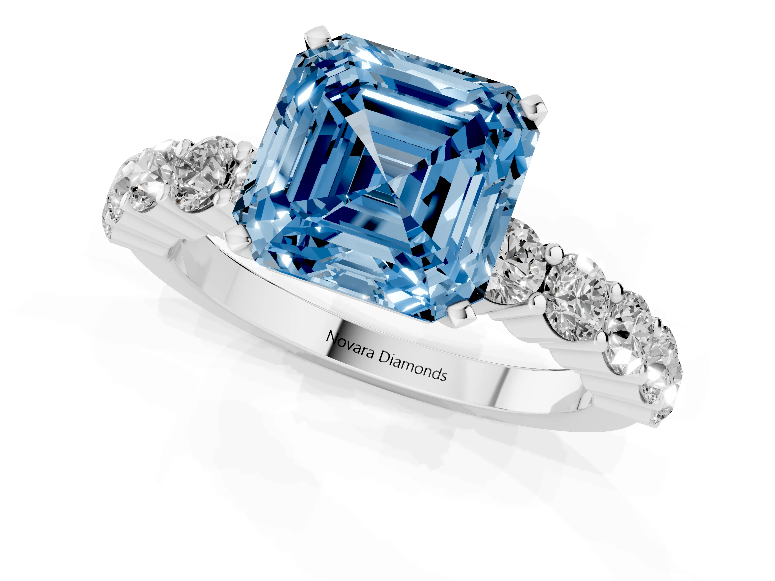 Fancy Blue Asscher Cut Diamond Solitaire Ring Set in Silver with Shared Prong Round Side Stones
