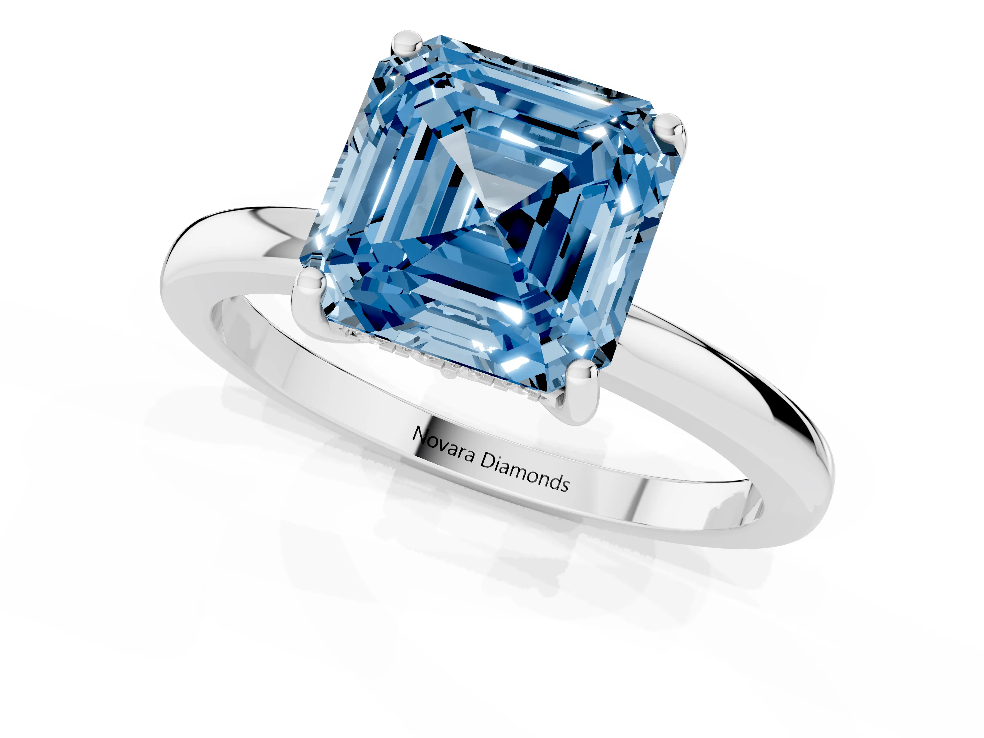 Fancy Blue Asscher Cut Diamond Solitaire Ring Set in Platinum with Plain Band and Prong Setting