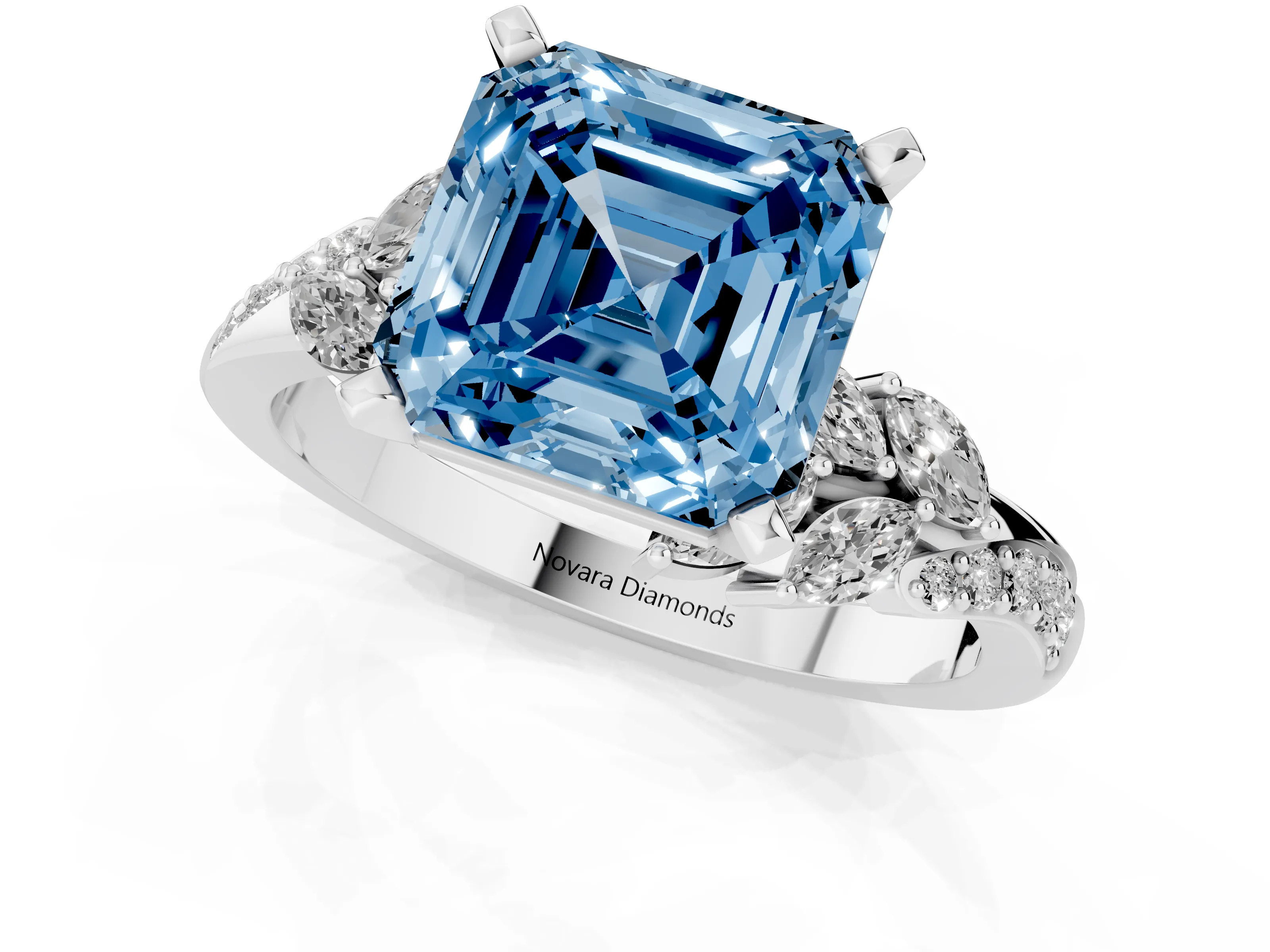 Fancy Blue Asscher Cut Diamond Solitaire Ring Set in White gold with Marquise Twist Band and Prong Setting