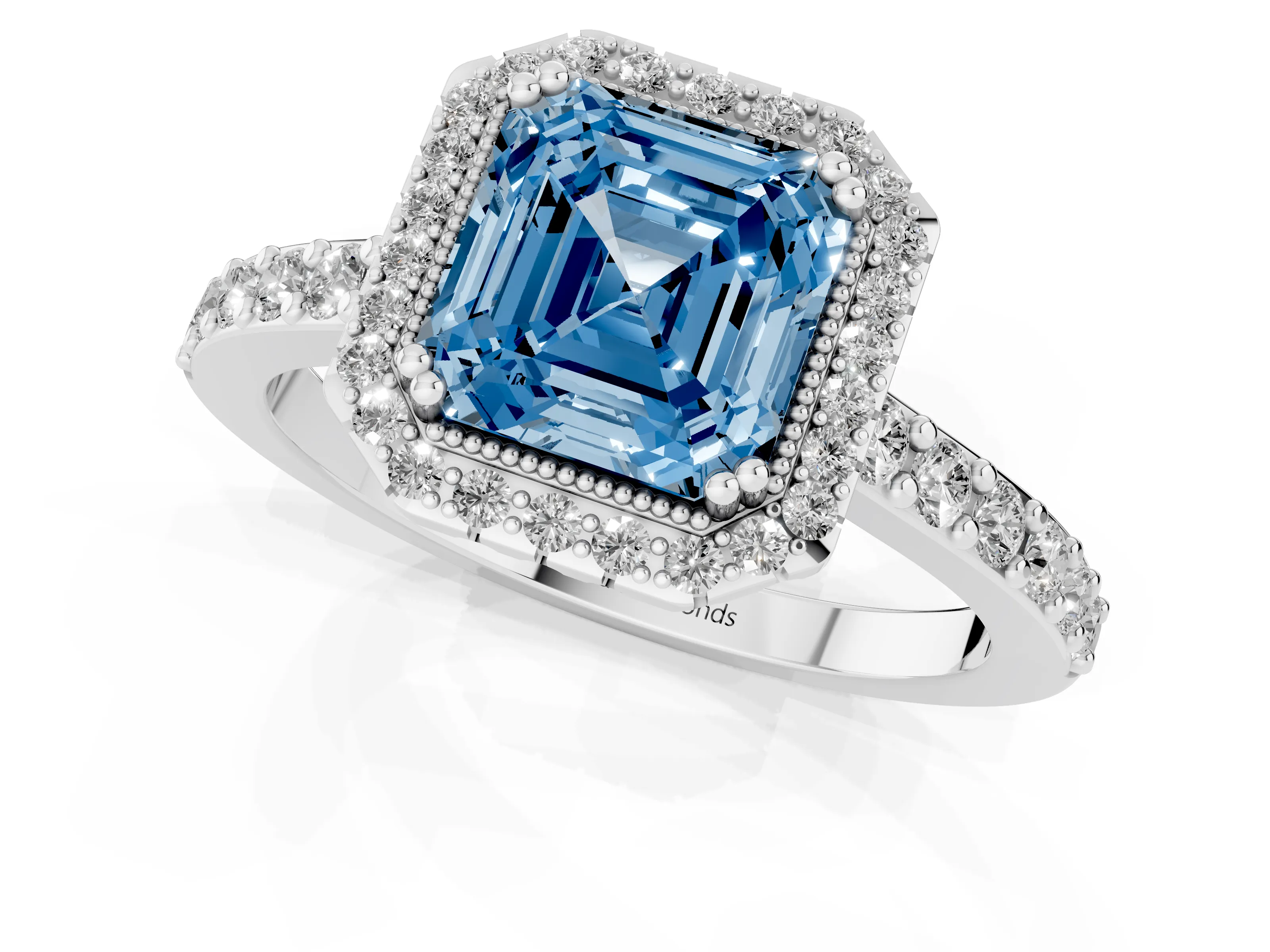 Fancy Blue Asscher Cut Diamond Halo Engagement Ring Set in White gold with Milgrain Detail and Pavé Band