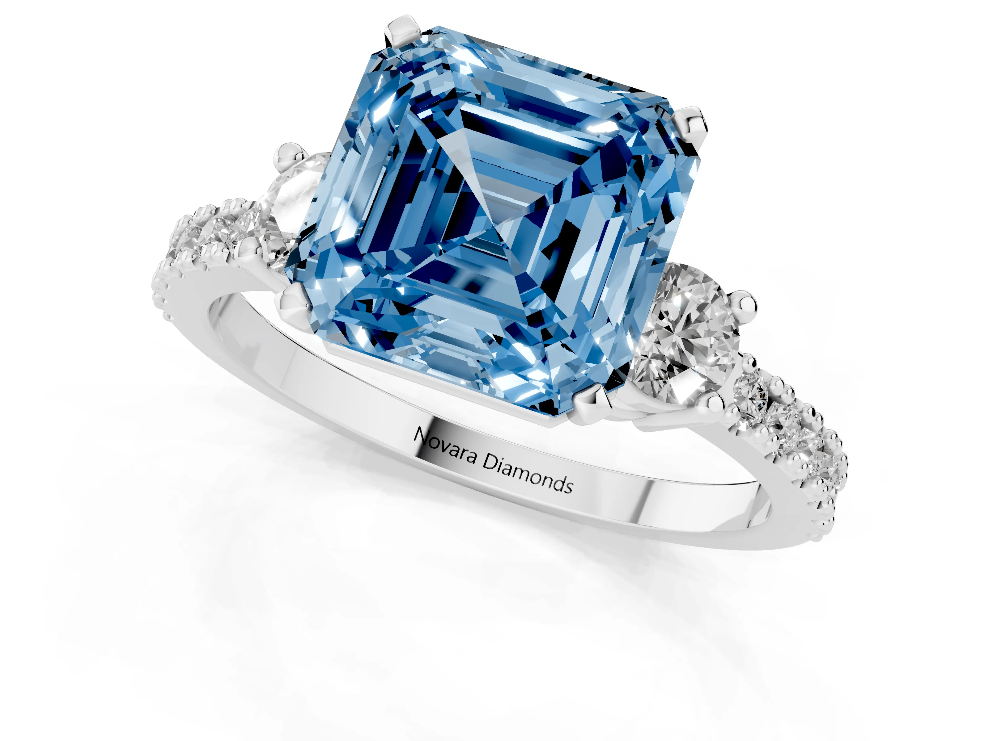 Fancy Blue Three-Stone Asscher Cut Diamond Pavé Band Ring Set in Silver with Prong Setting