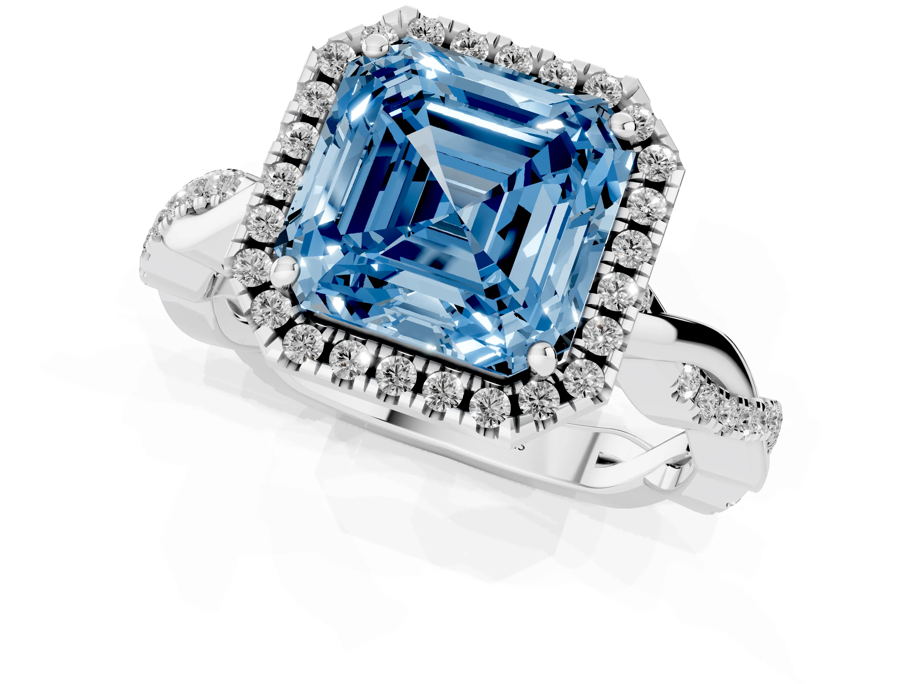 Fancy Blue Asscher Cut Diamond Halo Twisted Band Ring Set in White gold with Prong Setting