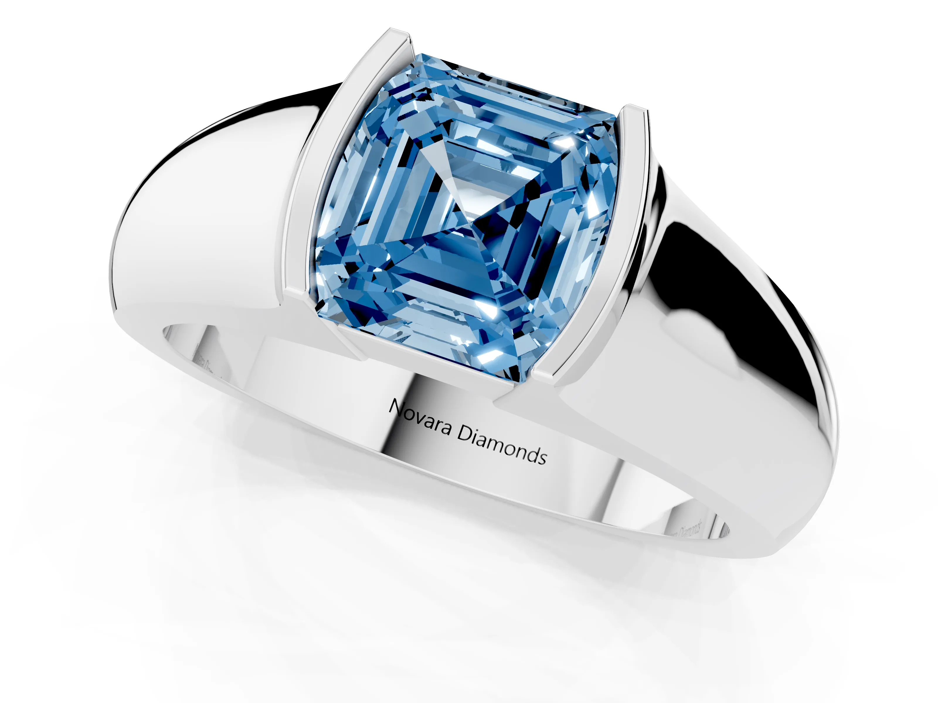 Fancy Blue Asscher Cut Diamond Bezel Solitaire Ring Set in White gold with Wide Band