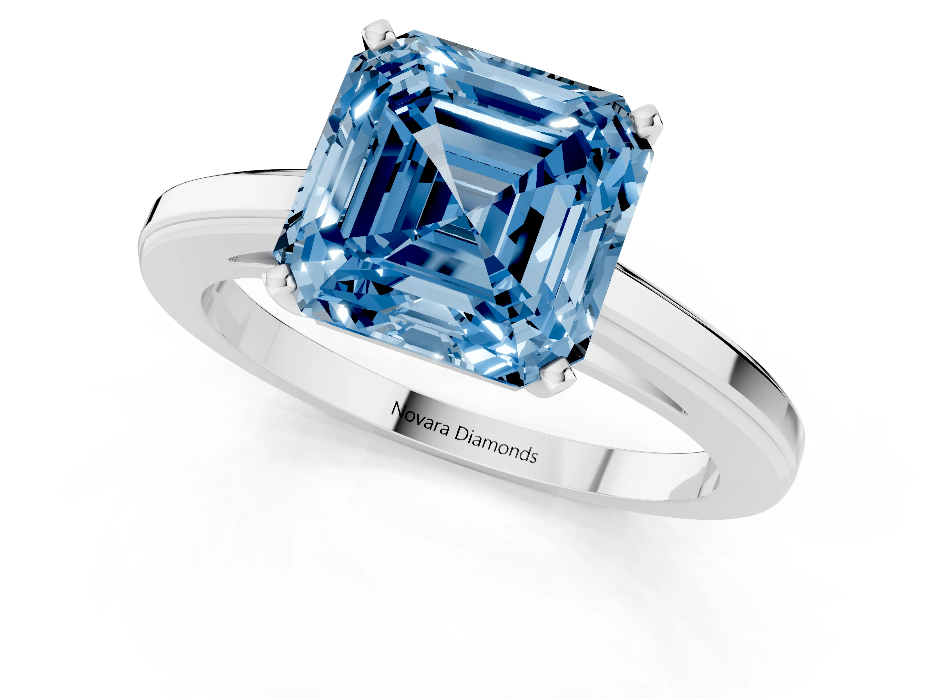 Fancy Blue Asscher Cut Diamond Solitaire Ring Set in Platinum with Prong Setting and Classic Band