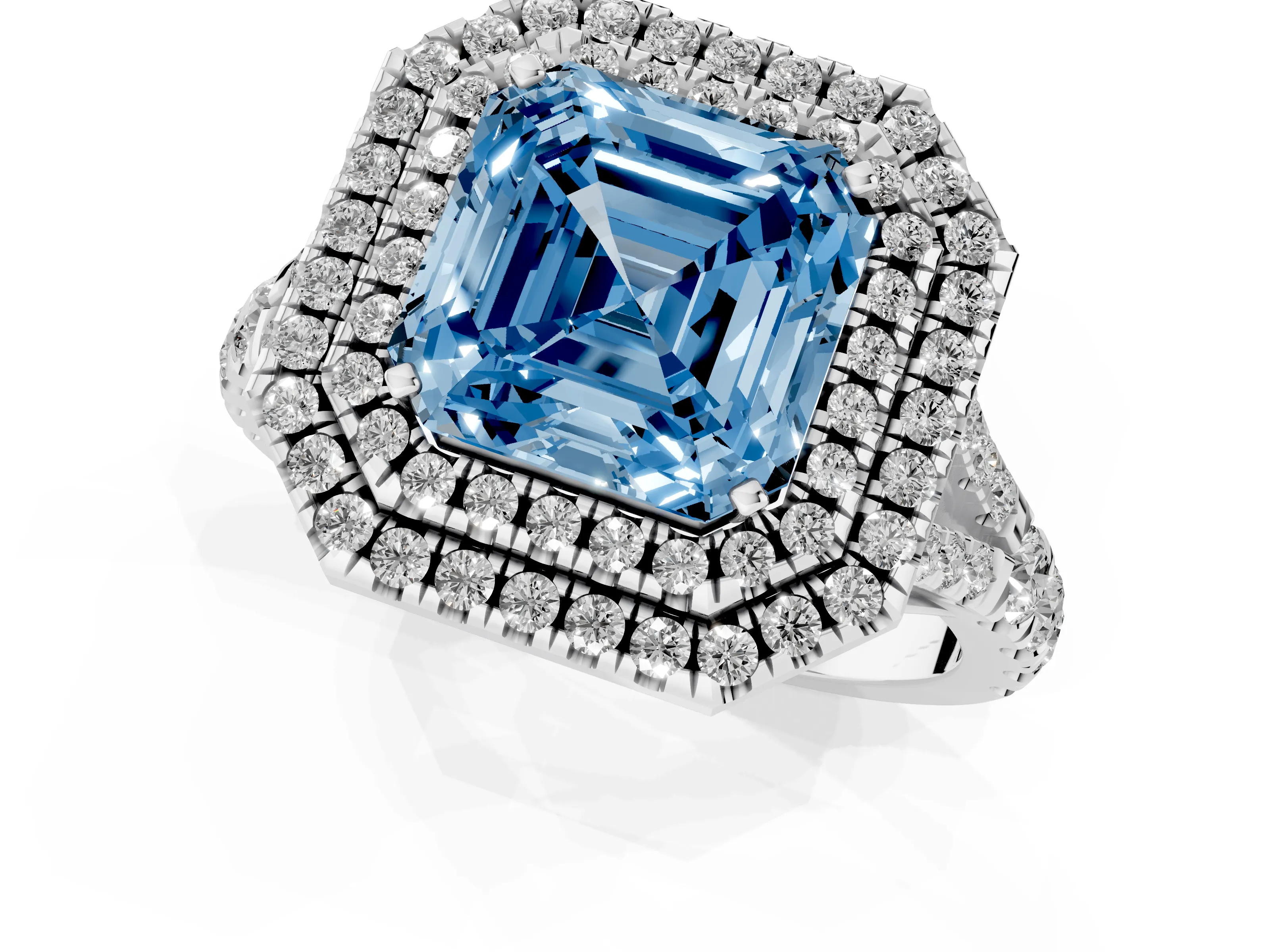 Fancy Blue Asscher Cut Diamond Pavé Split Shank Double Halo Engagement Ring Set in Platinum