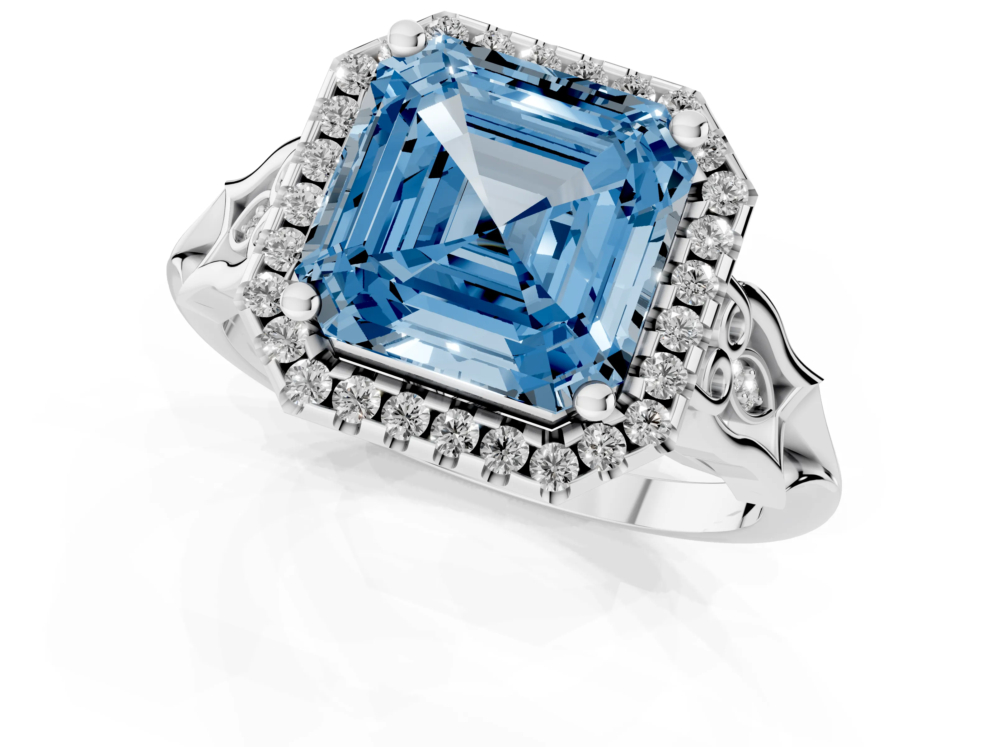 Fancy Blue Asscher Cut Diamond Halo Engagement Ring Set in Platinum with Filigree Band and Prong-Set Center