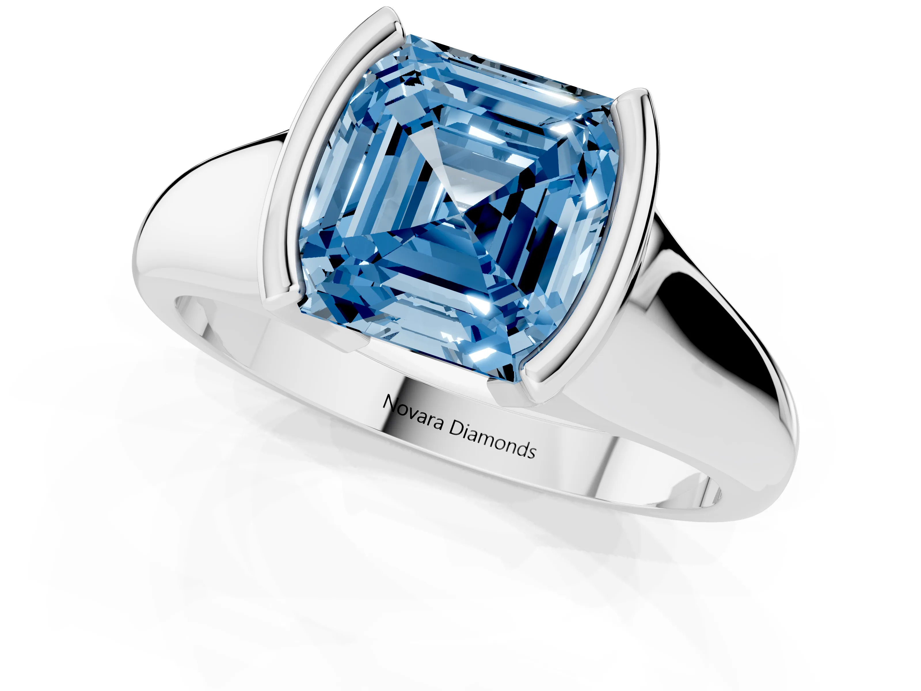 Fancy Blue Asscher Cut Diamond Solitaire Tension Set Ring Set in White gold with Split Shank Band
