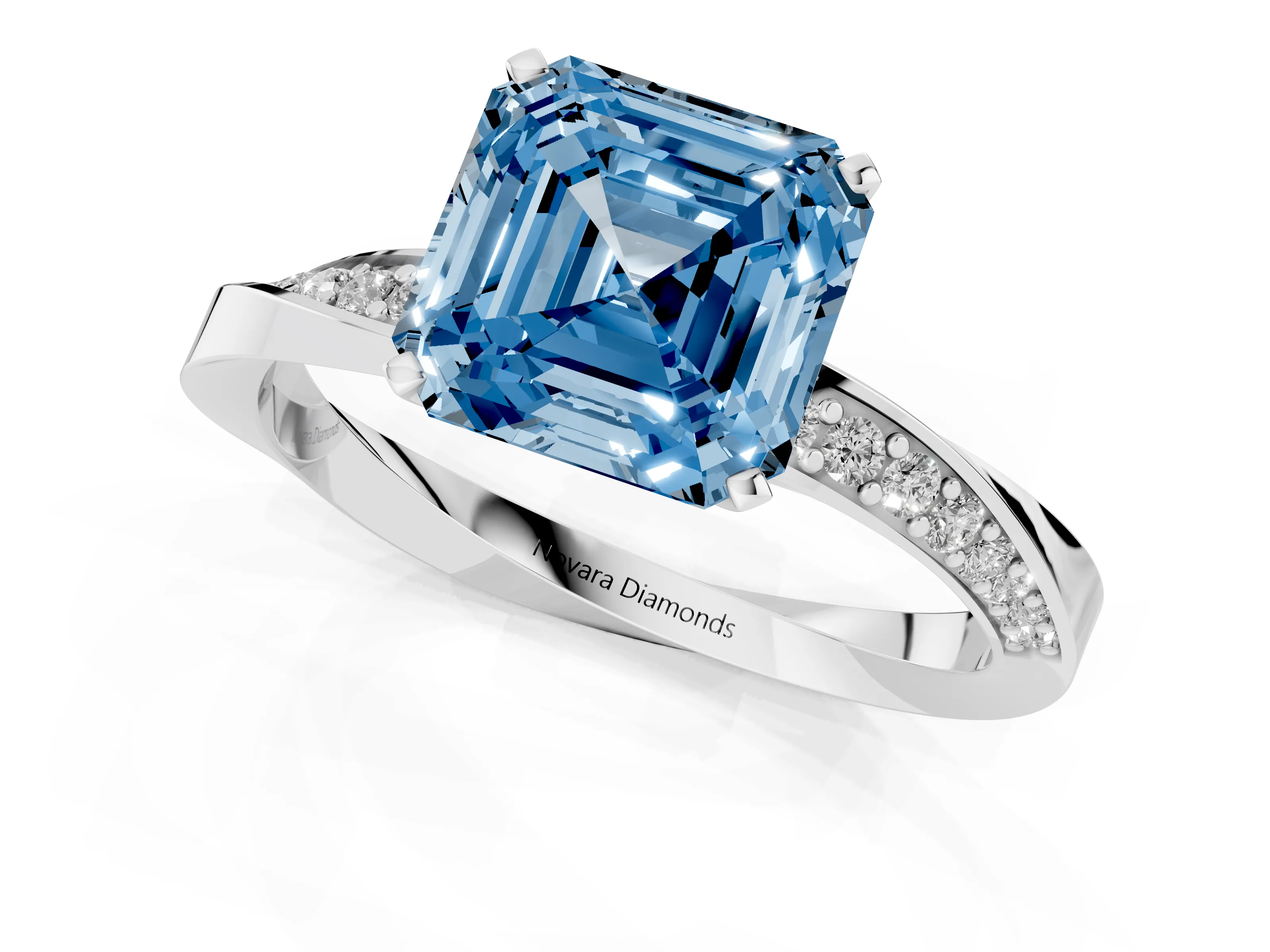 Fancy Blue Asscher Cut Diamond Engagement Ring Set in White gold with Side Stone Accents and Prong Setting
