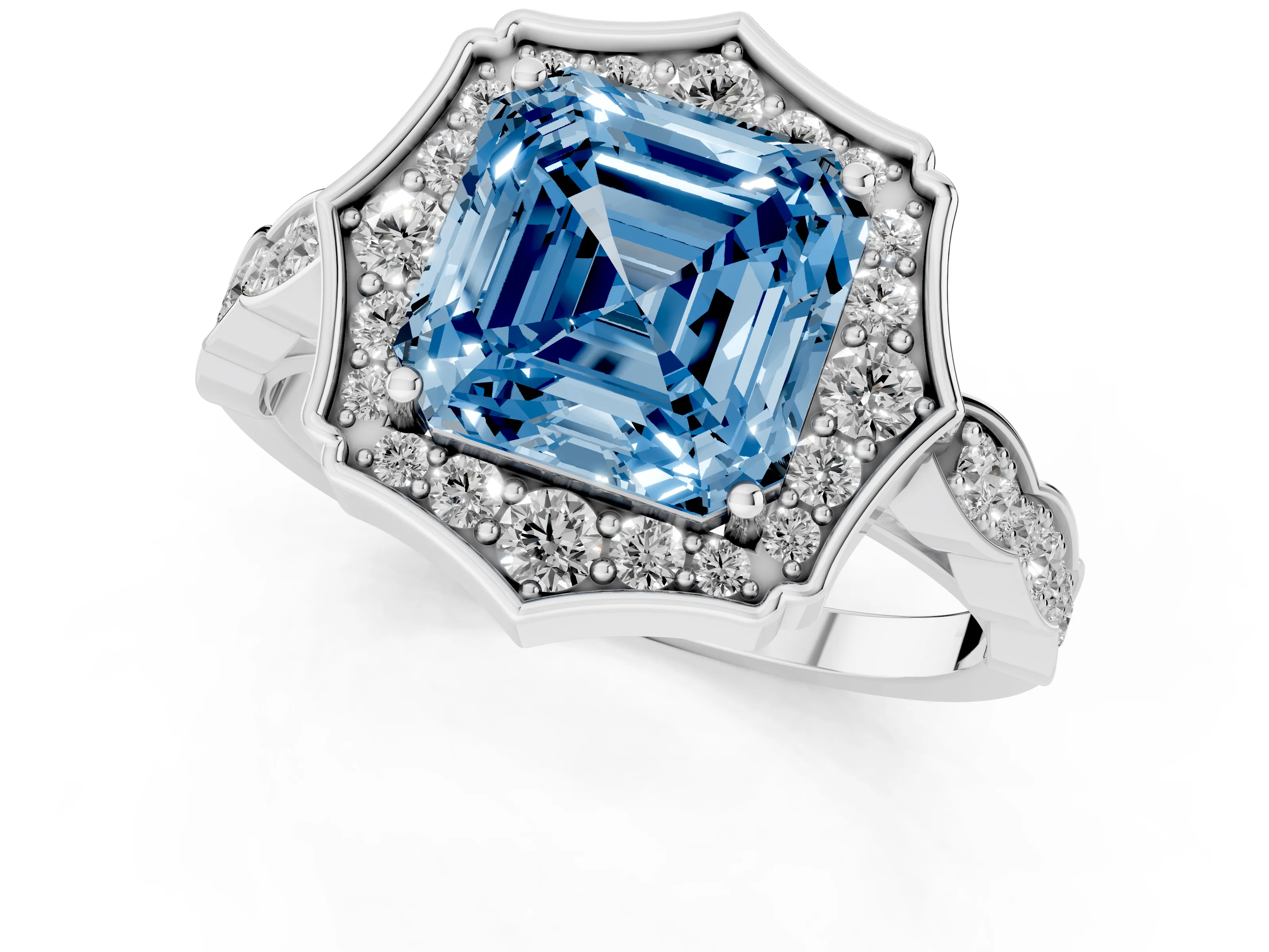 Fancy Blue Asscher Cut Diamond Halo Engagement Ring Set in White gold with Milgrain Band and Prong Setting
