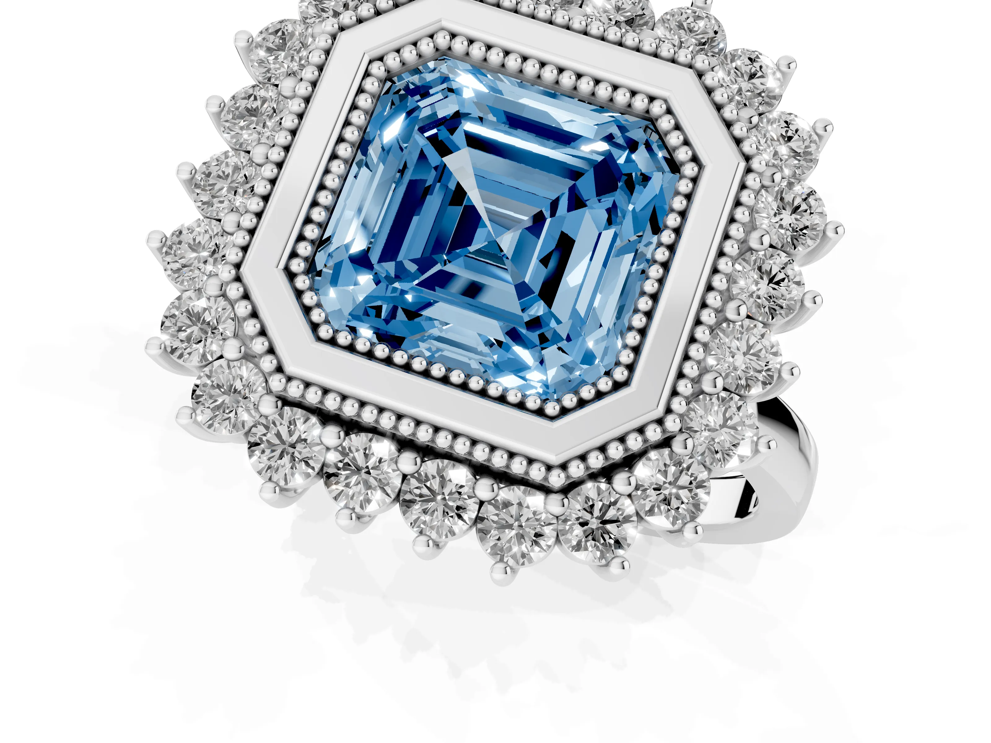 Fancy Blue Asscher Cut Diamond Halo Ring Set in White gold with Milgrain Edge and Round Prong Setting