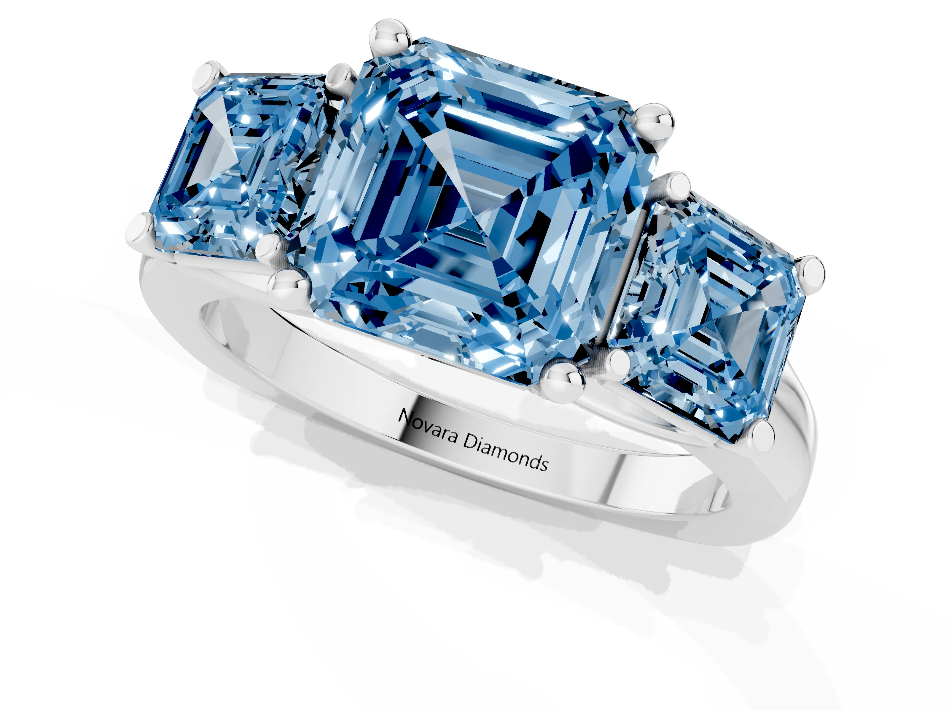 Fancy Blue Asscher Cut Diamond Three-Stone Trellis Ring Set in White gold with Comfort Fit Band