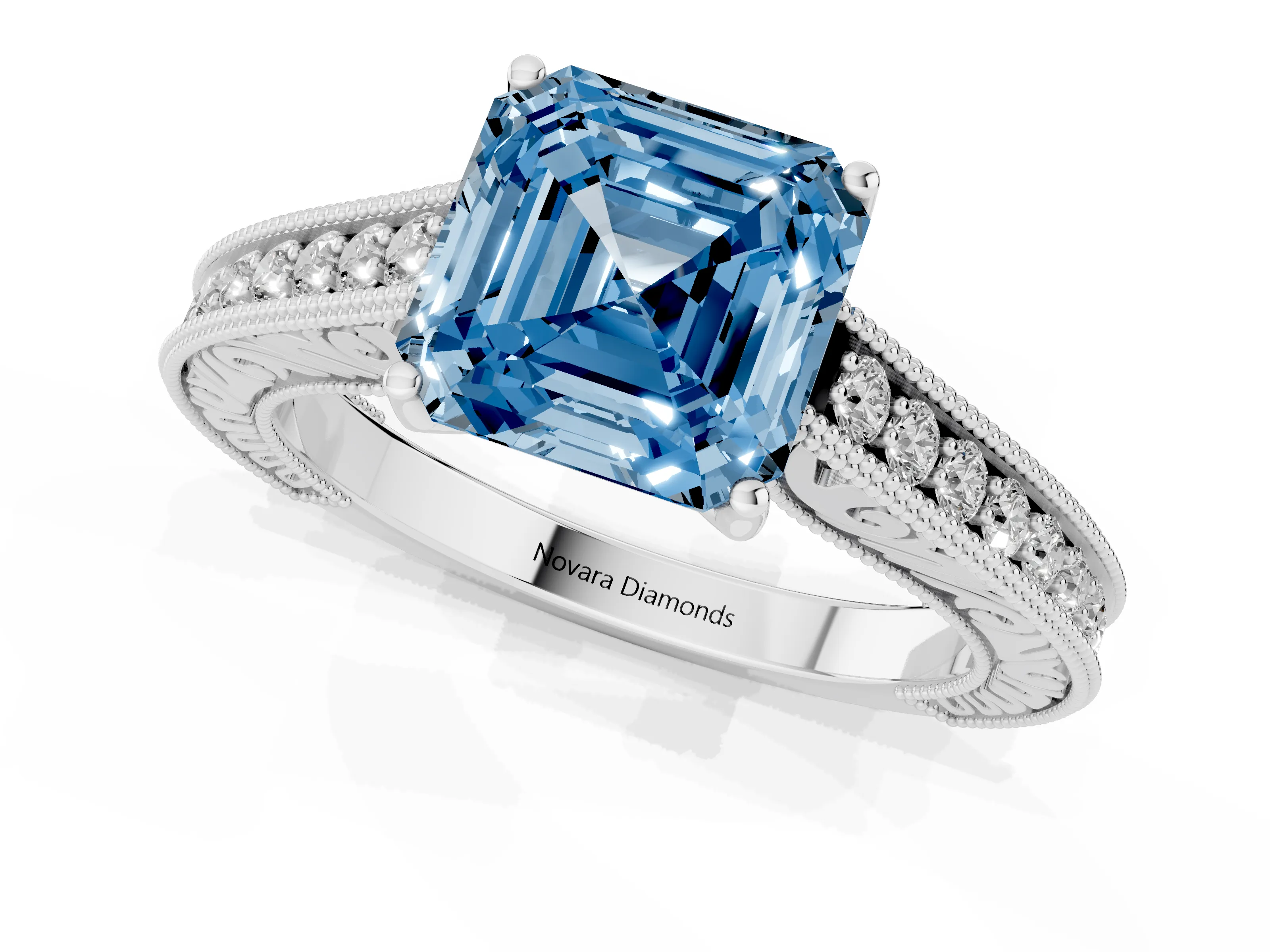 Fancy Blue Asscher Cut Diamond Milgrain Pavé Band Solitaire Ring Set in Platinum with Prong Setting