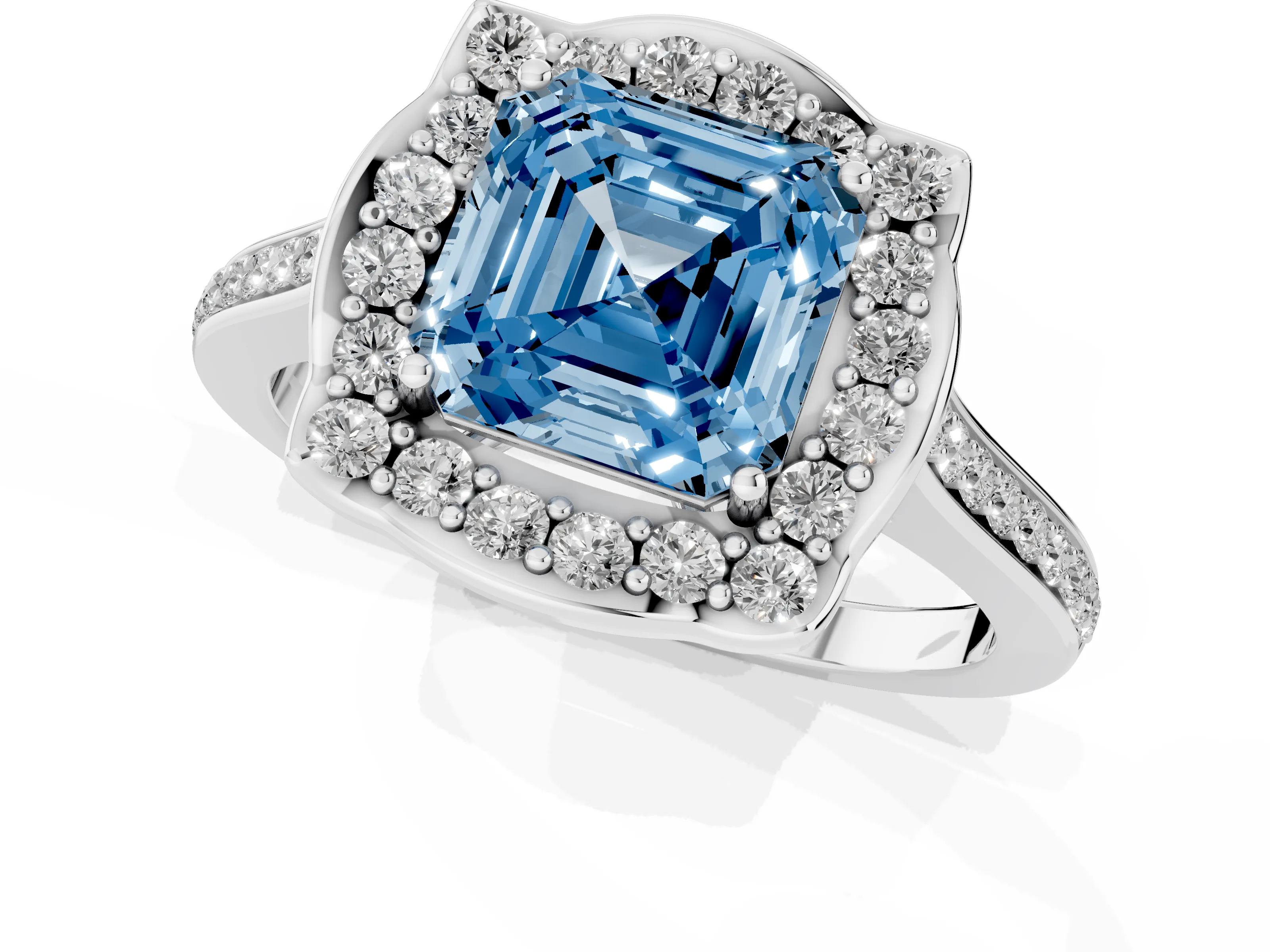 Fancy Blue Asscher Cut Diamond Halo Ring Set in Platinum with Pavé-Lined Shoulders and Prong Setting