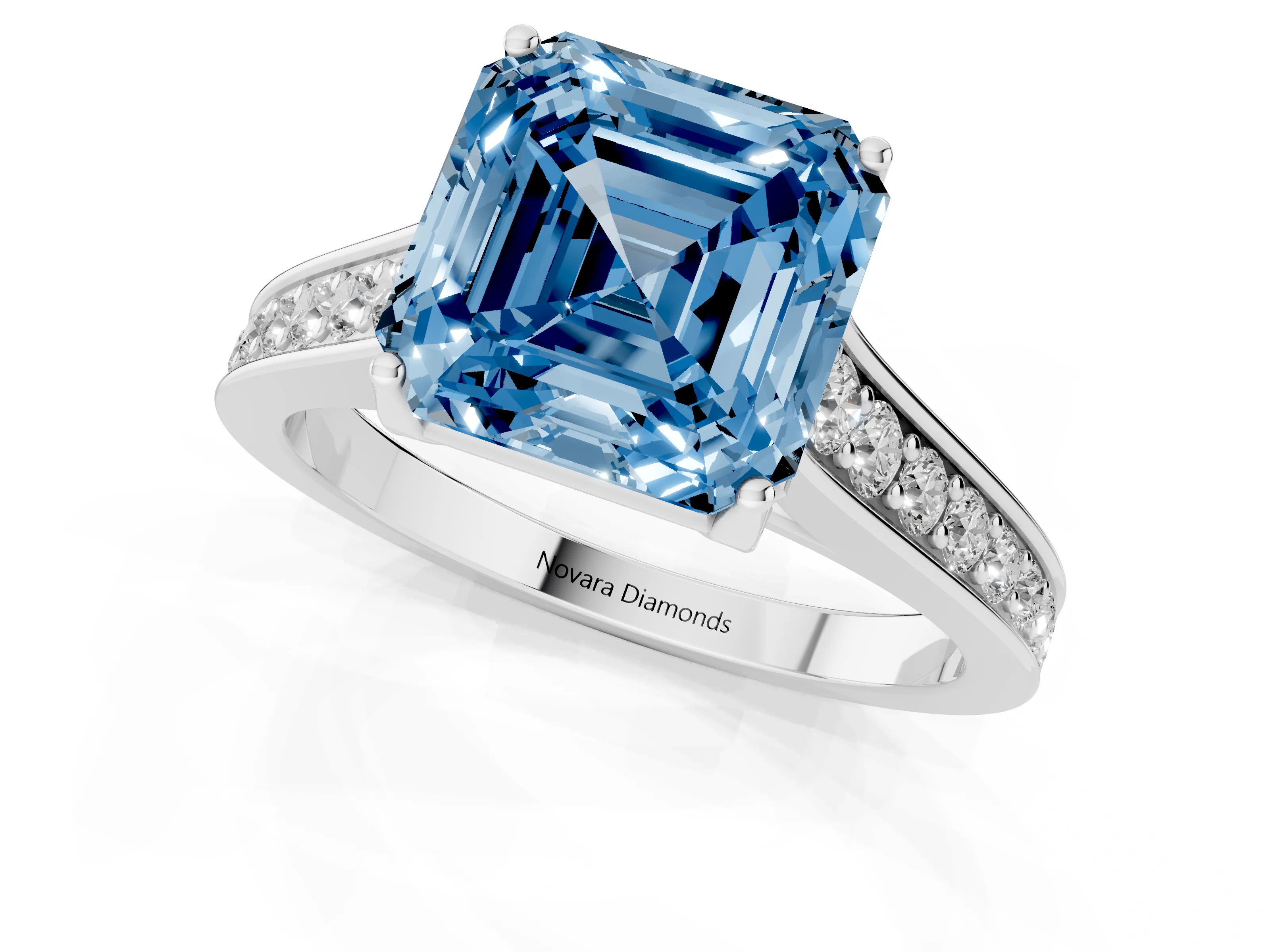Fancy Blue Asscher Cut Diamond Solitaire Pavé Engagement Ring Set in White gold with Prong Setting