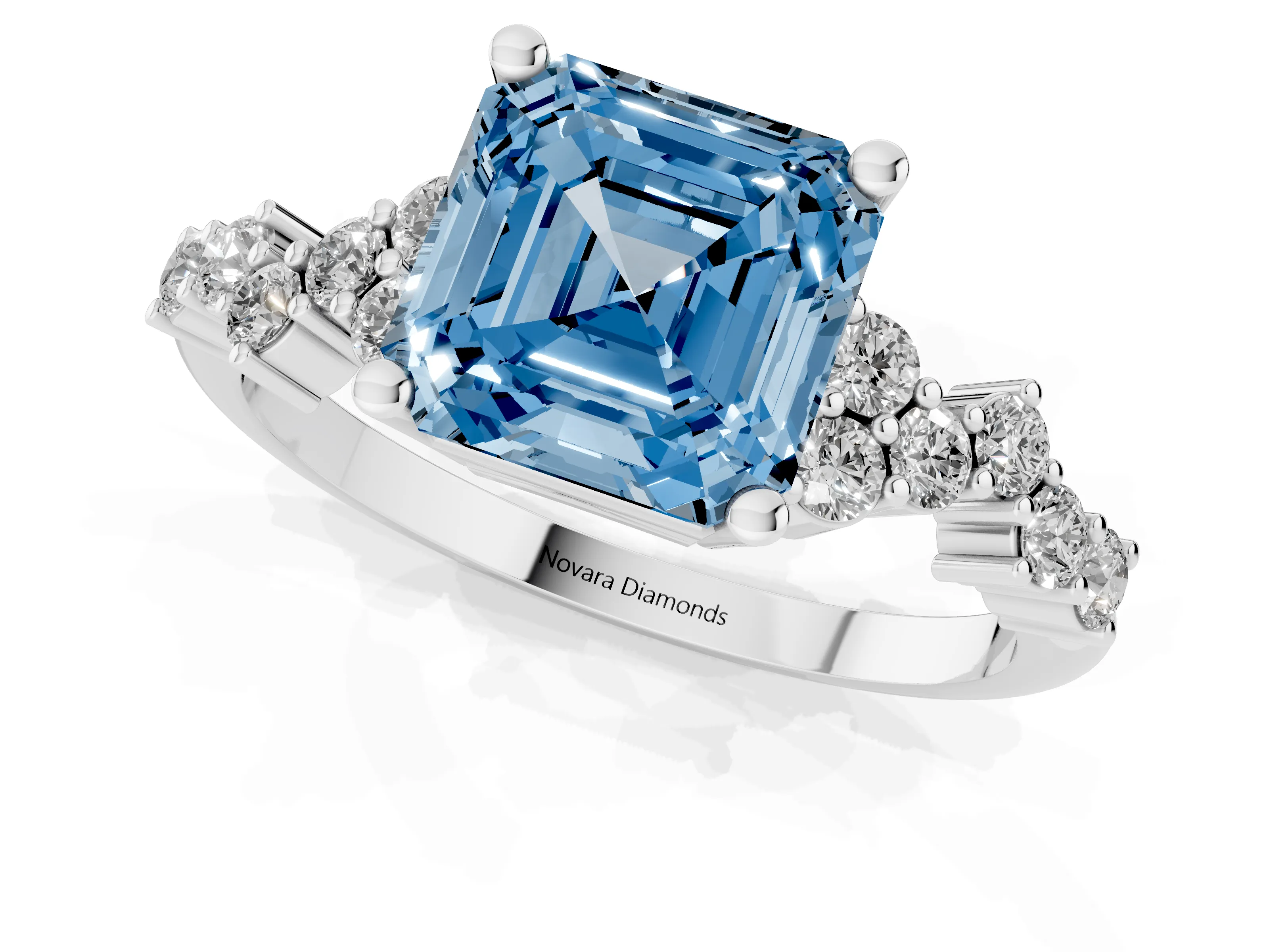 Fancy Blue Asscher Cut Diamond Ring Set in Silver with Scattered Round Accents