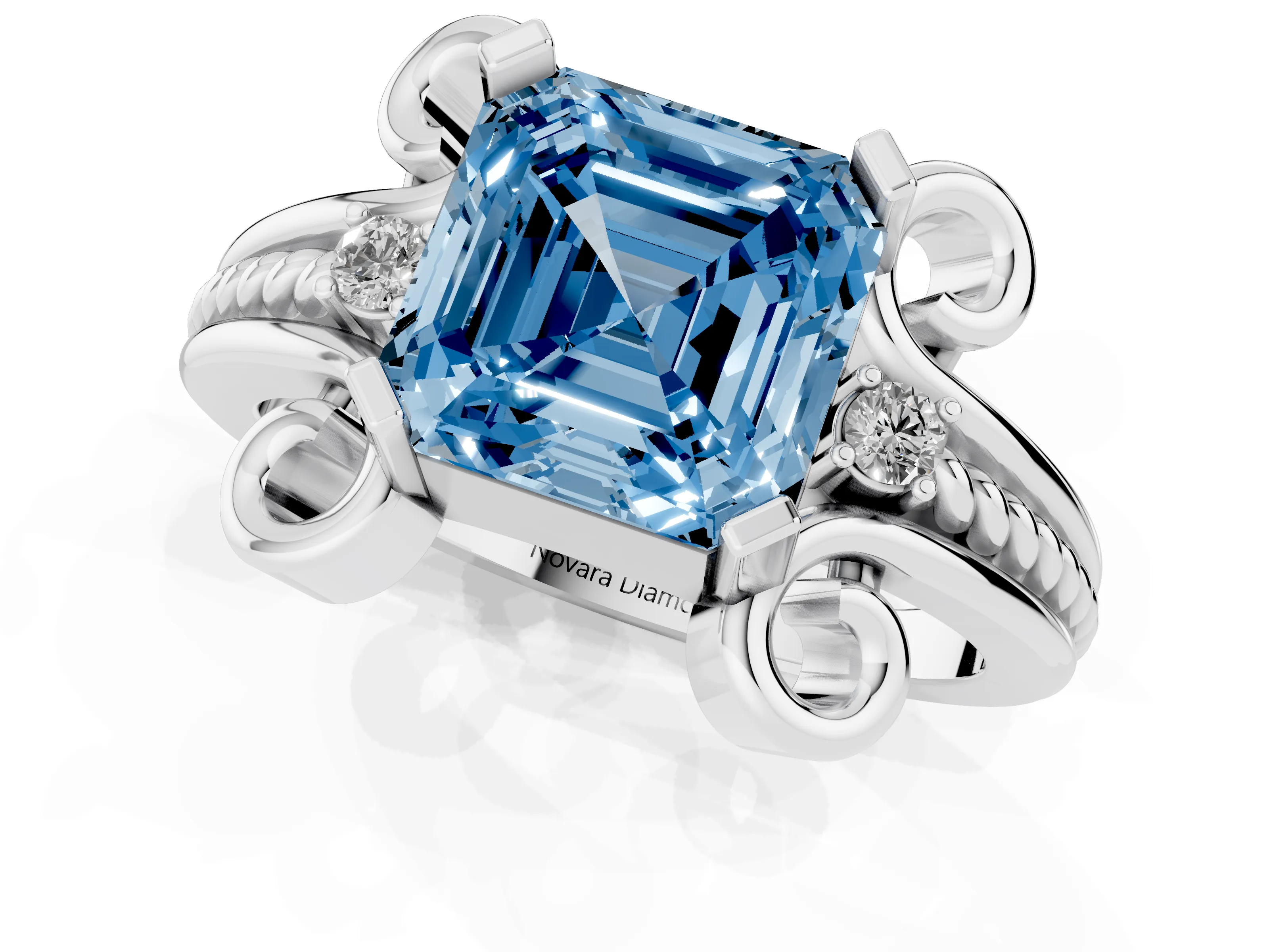 Fancy Blue Asscher Cut Diamond Twisted Band Solitaire Ring Set in White gold with Scroll Prongs