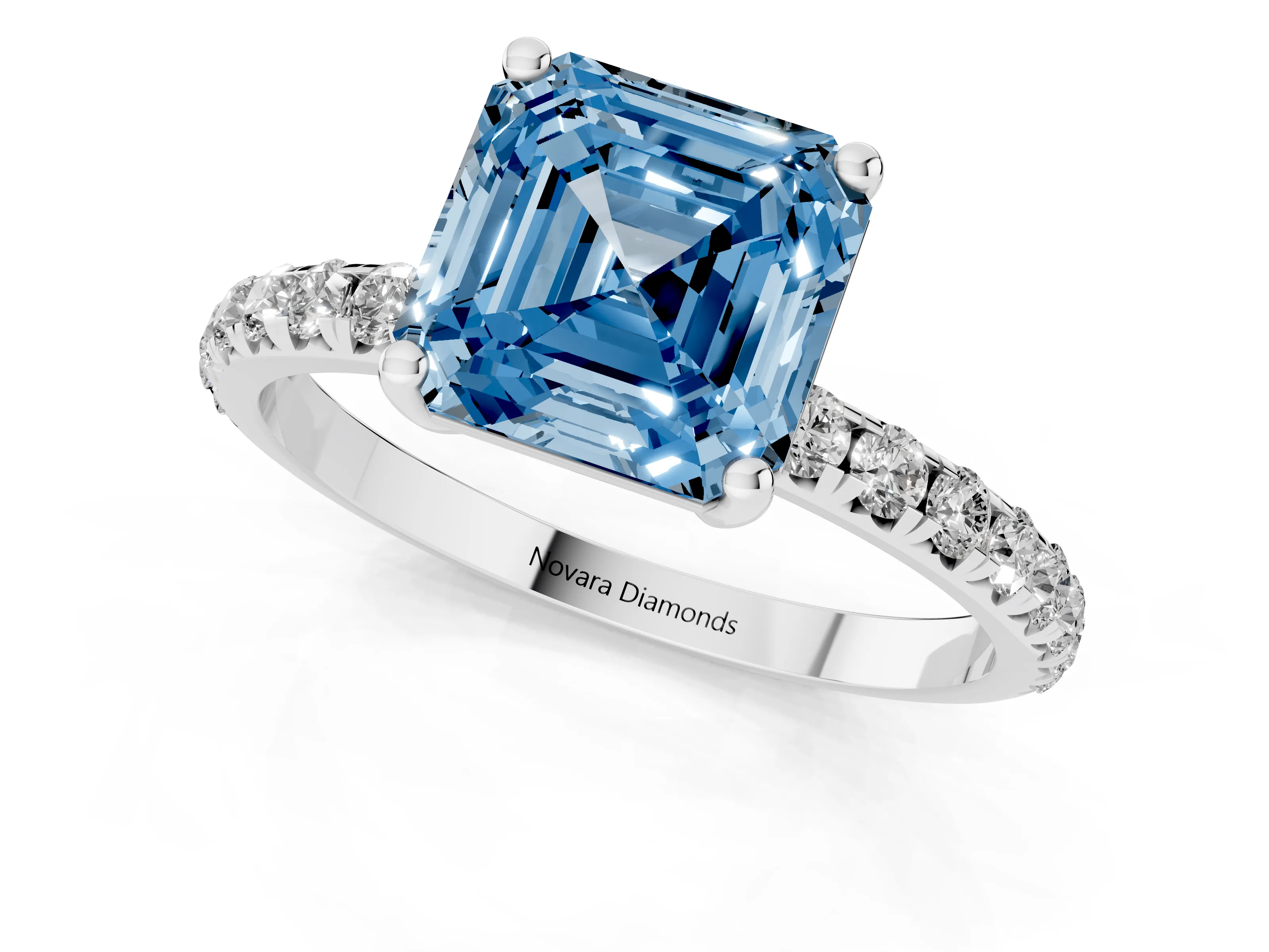 Fancy Blue Asscher Cut Diamond Solitaire Ring Set in Silver with Micro Pavé Band and Prong Setting