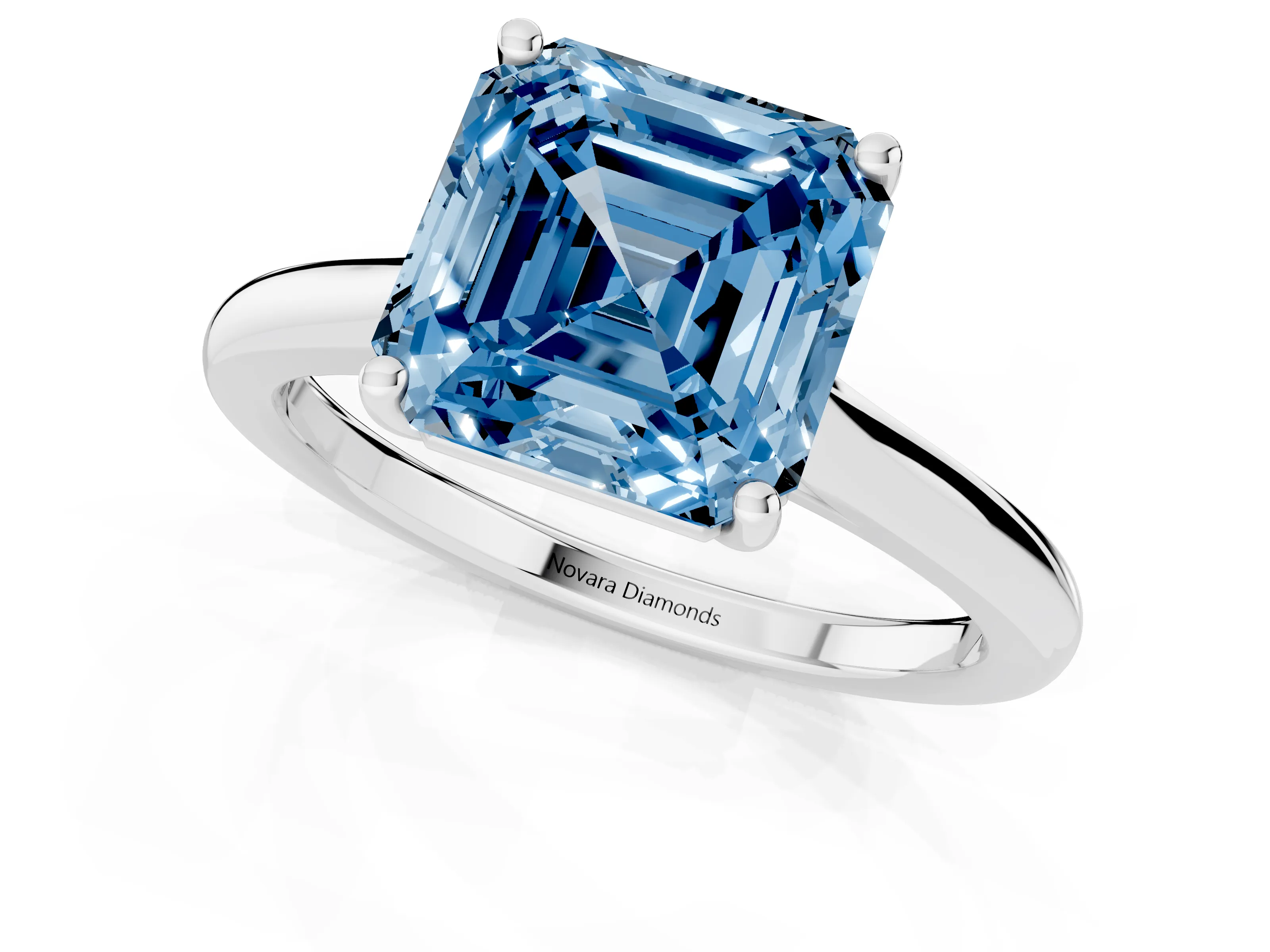 Fancy Blue Asscher Cut Diamond Solitaire Ring Set in Silver with Cathedral Band and Prong Setting