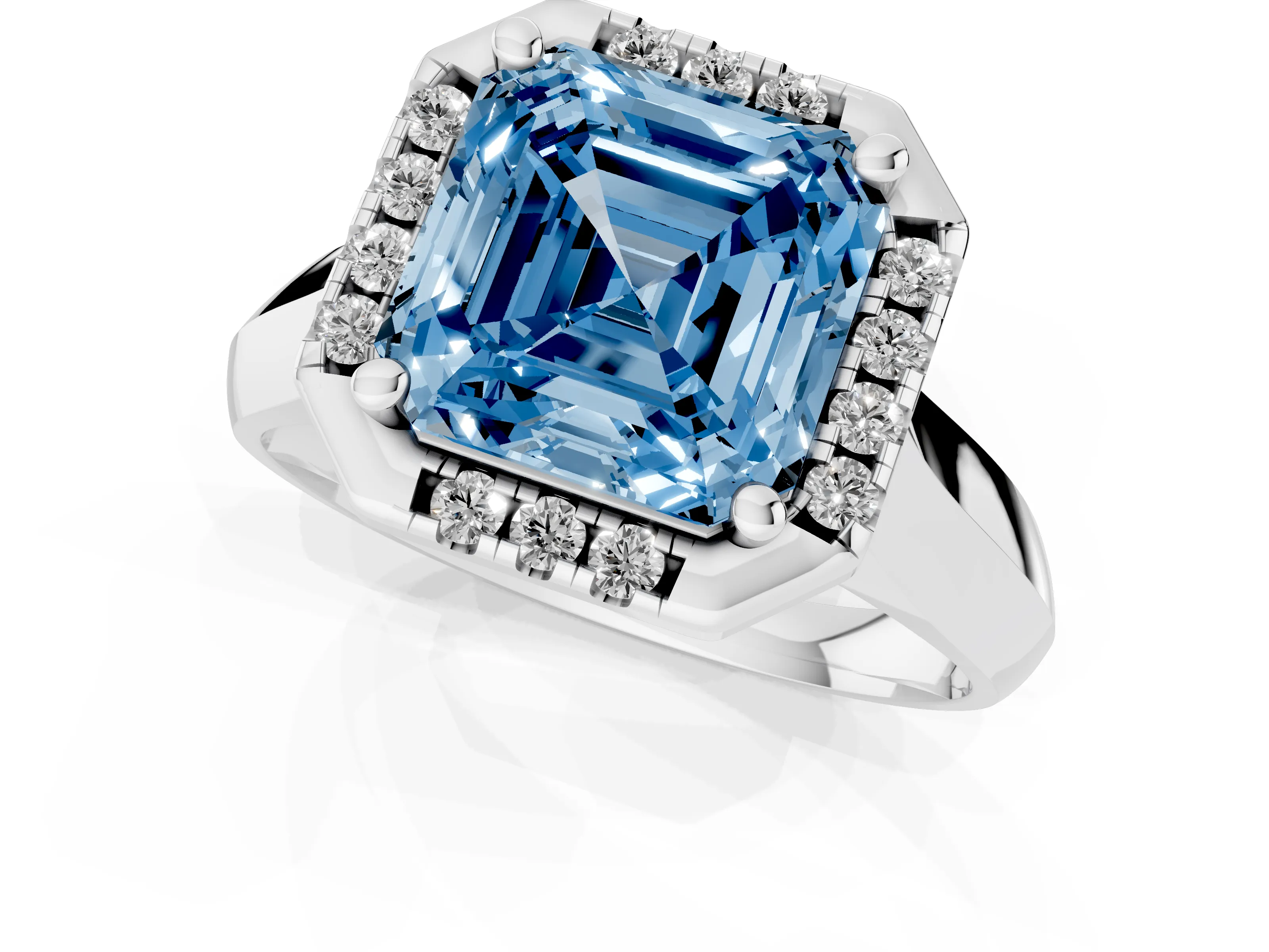 Fancy Blue Asscher Cut Diamond Halo Solitaire Engagement Ring Set in Silver with Square Band and Prong Setting