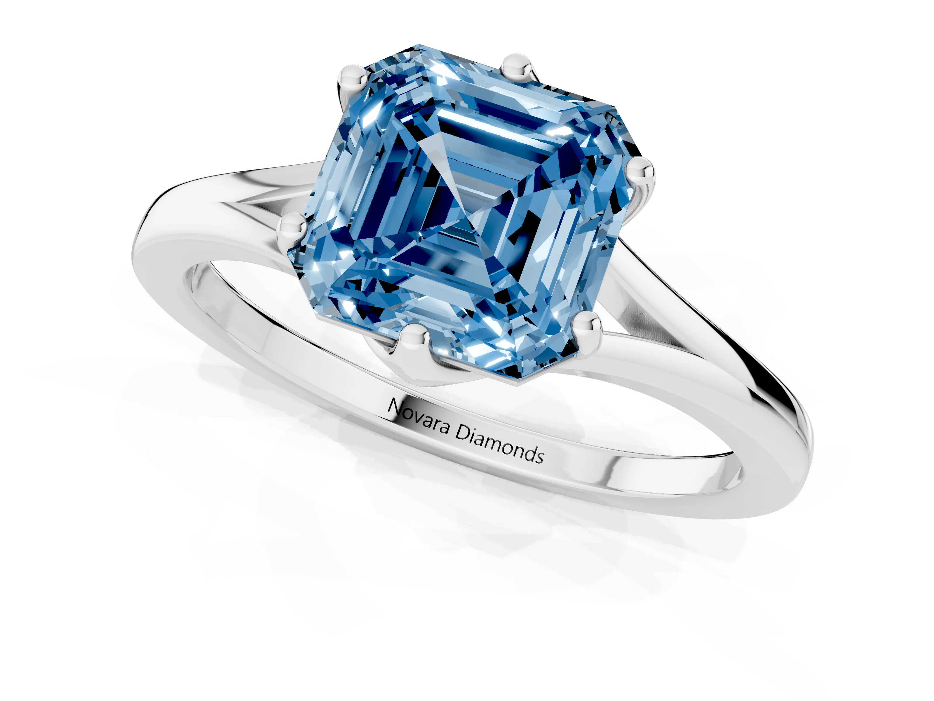Fancy Blue Asscher Cut Diamond Solitaire Ring Set in Silver with Polished Tapered Band and Prong Setting