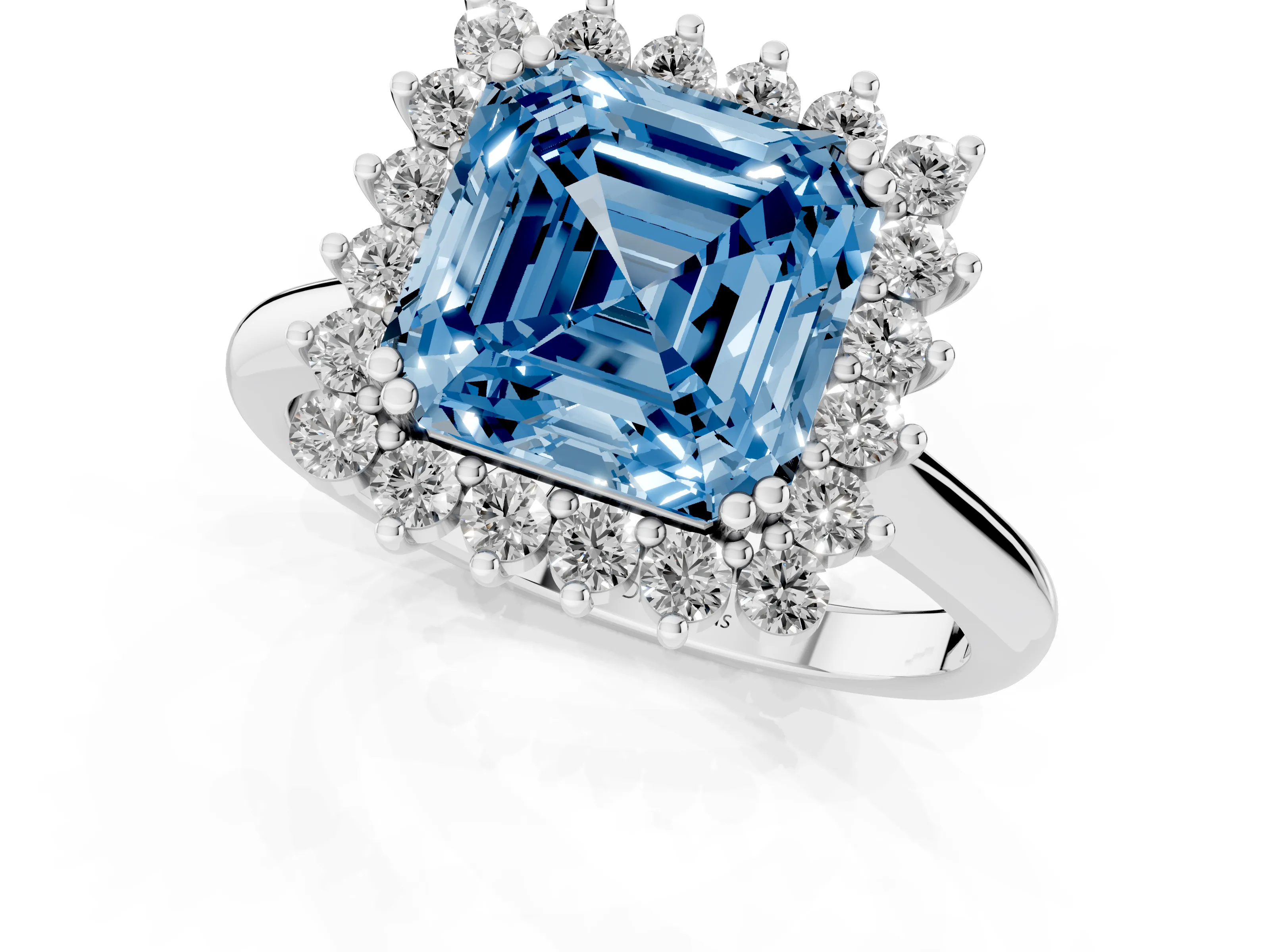 Fancy Blue Asscher Cut Diamond Halo Ring Set in Silver with Plain Solitaire Band and Prong Setting