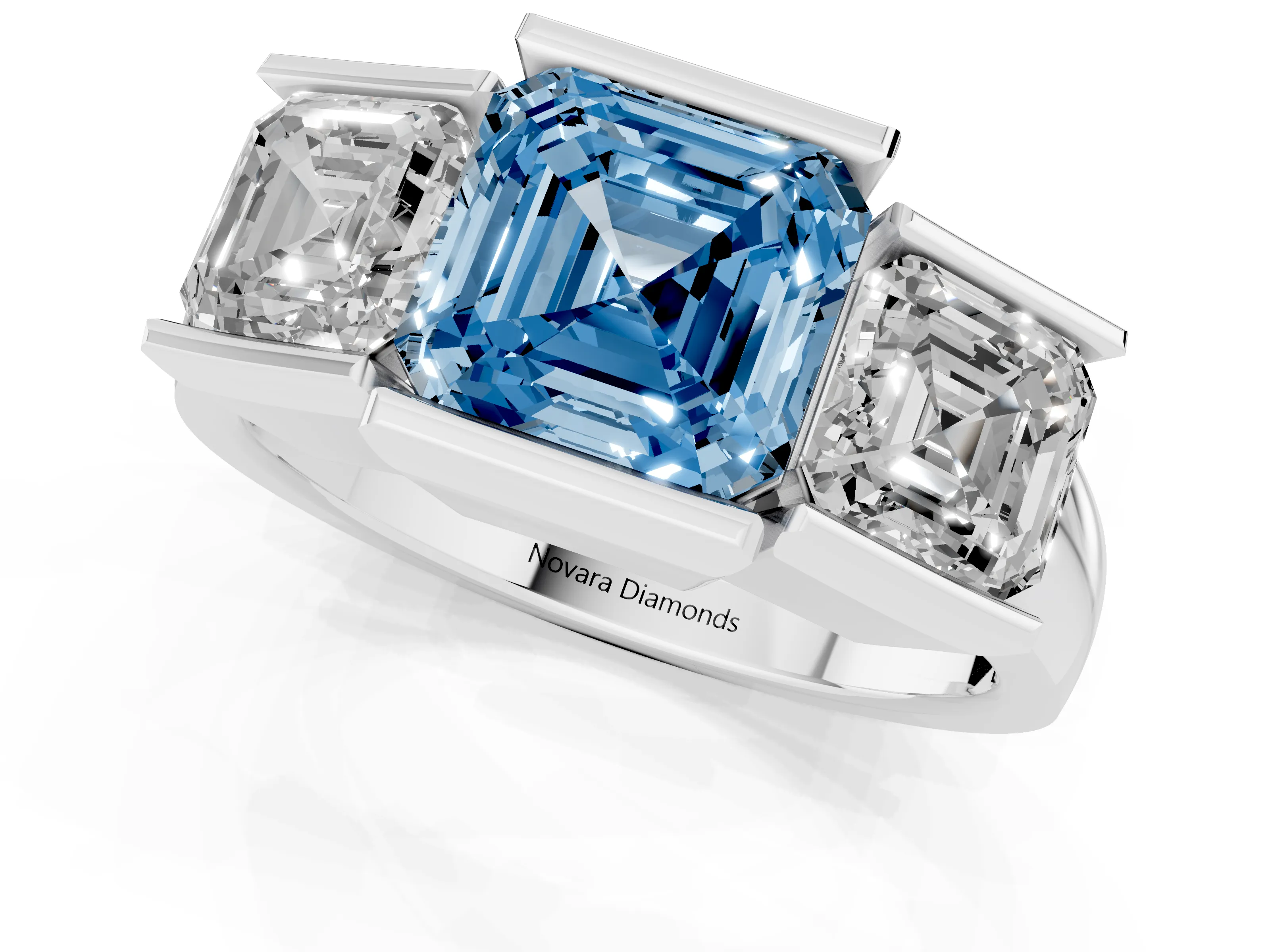 Fancy Blue Asscher Cut Diamond Three-Stone Channel Set Ring Set in White gold with Smooth Polished Band