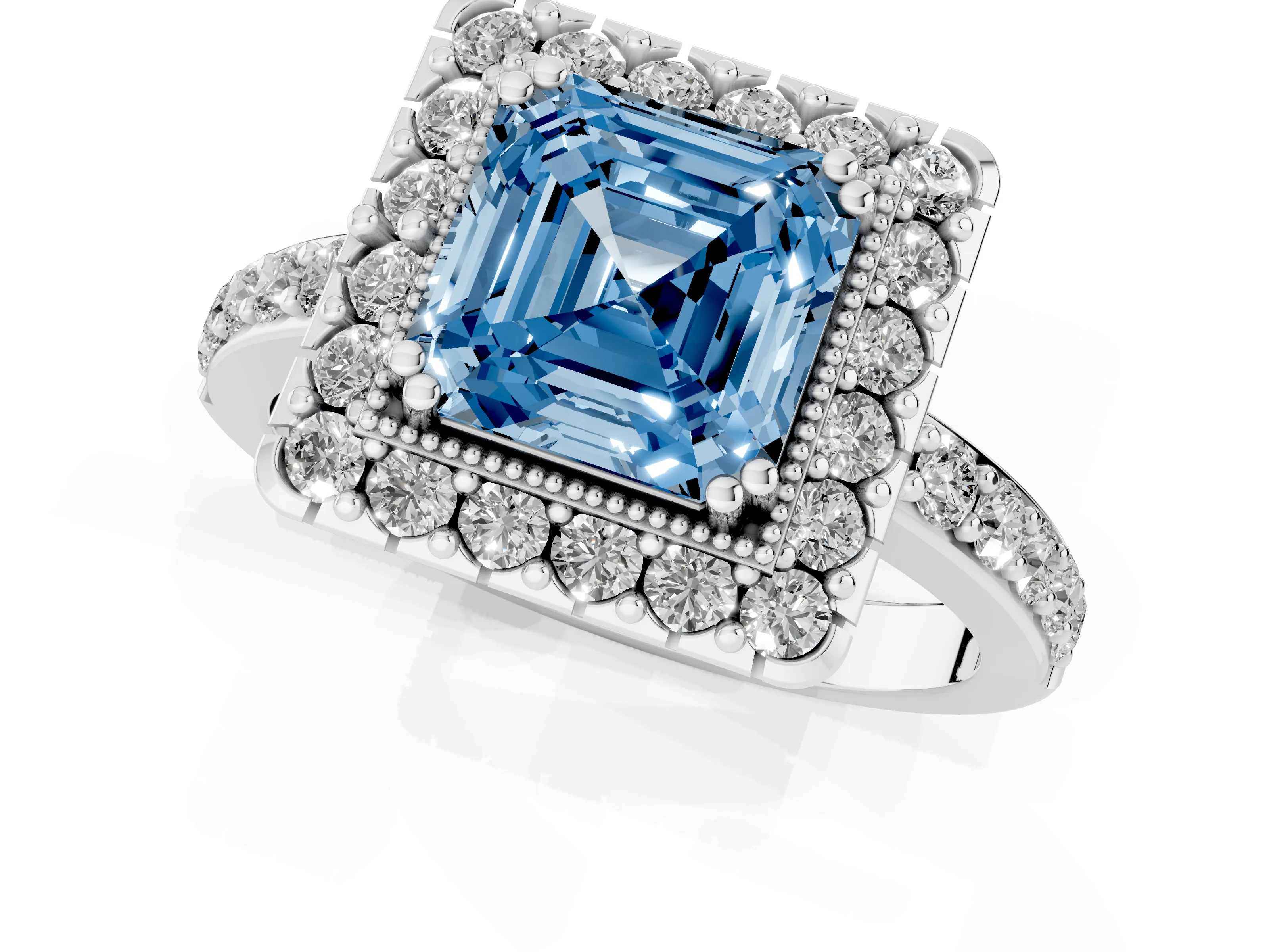 Fancy Blue Asscher Cut Diamond Halo Ring Set in Platinum with Pavé Shank and Prong Setting