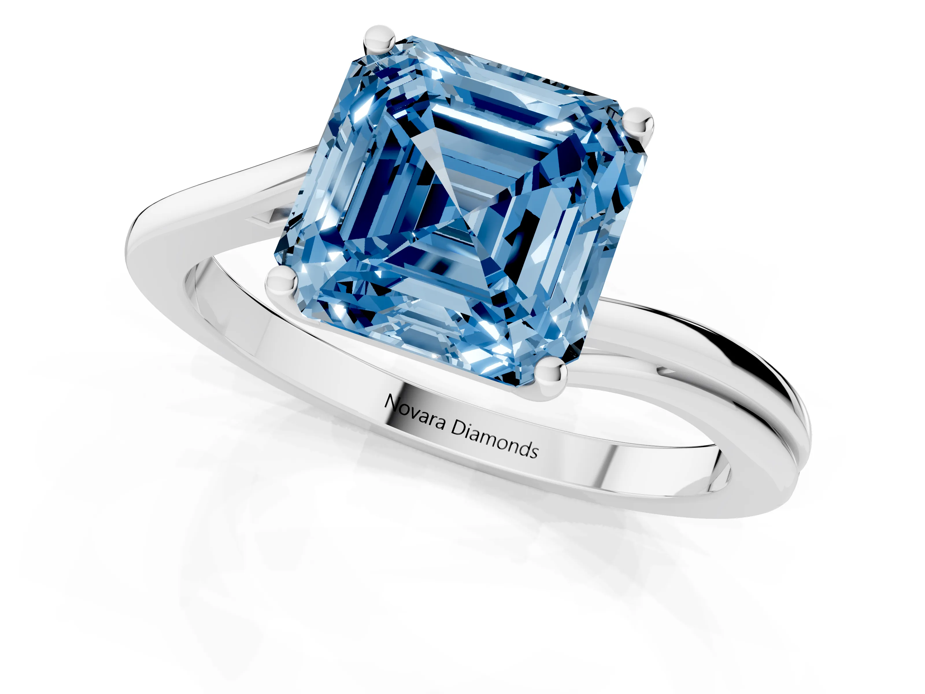 Fancy Blue Asscher Cut Diamond Solitaire Twist Band Ring Set in Platinum with Prong Setting