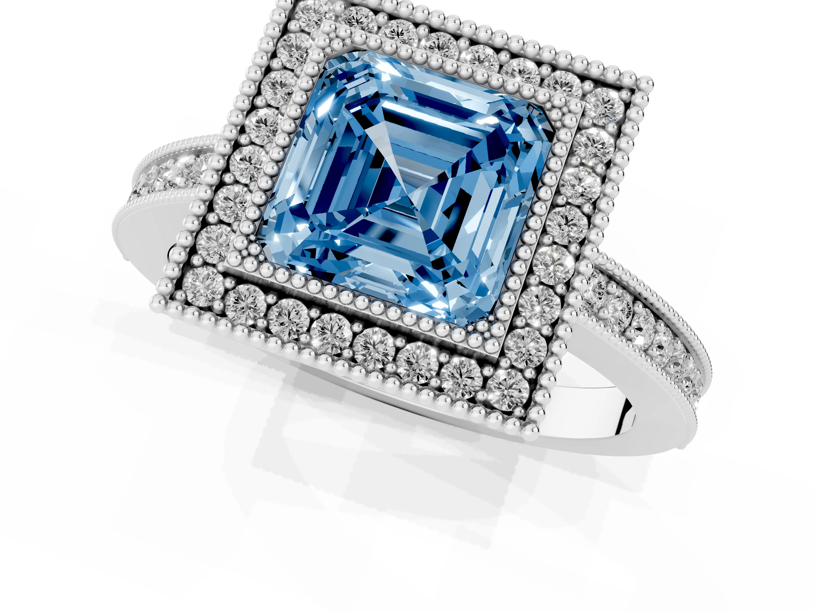 Fancy Blue Asscher Cut Diamond Round Halo Ring Set in Platinum with Pavé Band