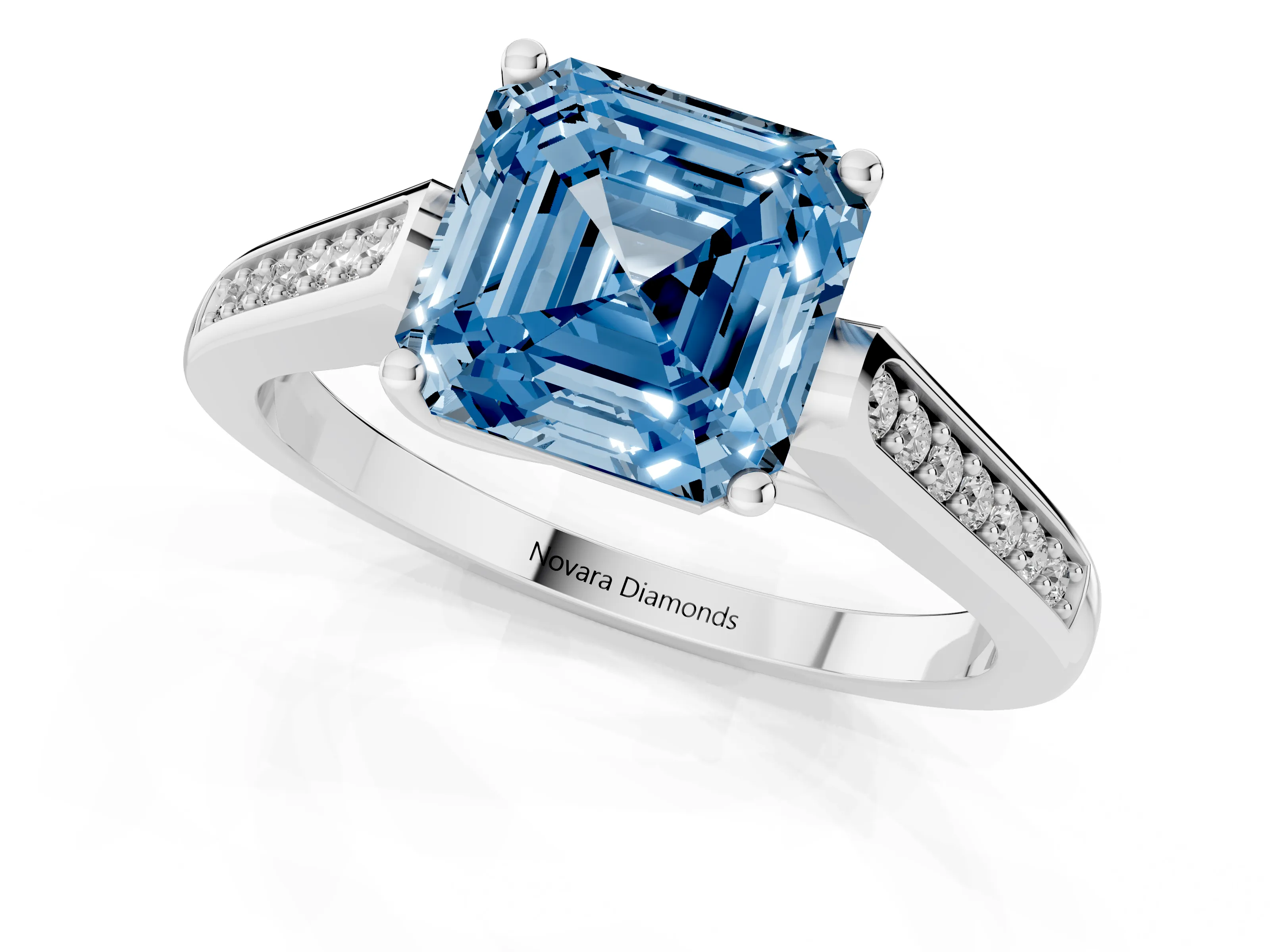 Fancy Blue Asscher Cut Diamond Solitaire Cathedral Engagement Ring Set in White gold with Channel-Set Band and Prong Setting