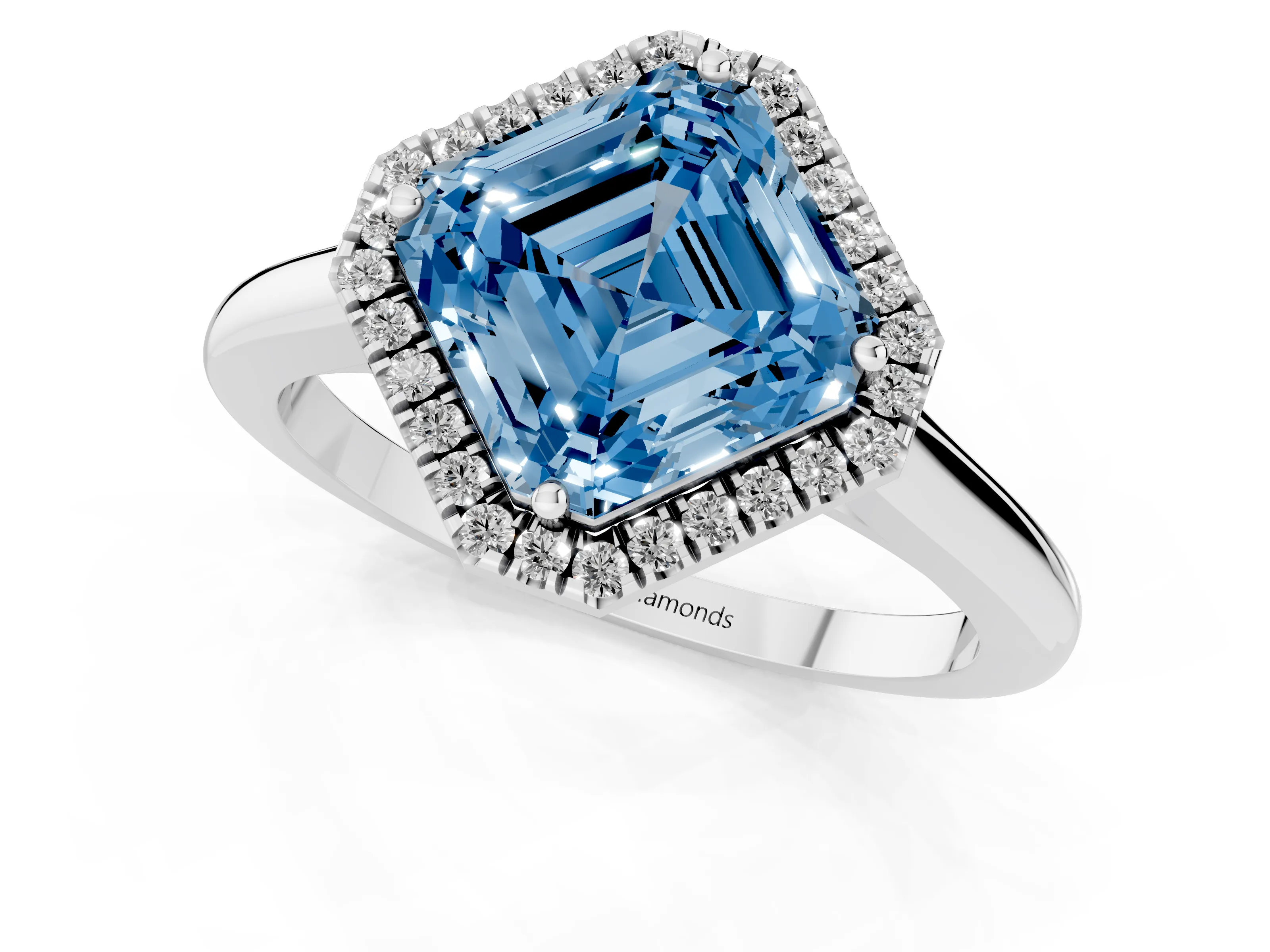 Fancy Blue Asscher Cut Diamond Halo Engagement Ring Set in White gold with Pavé Band and Rising Shoulders – second view