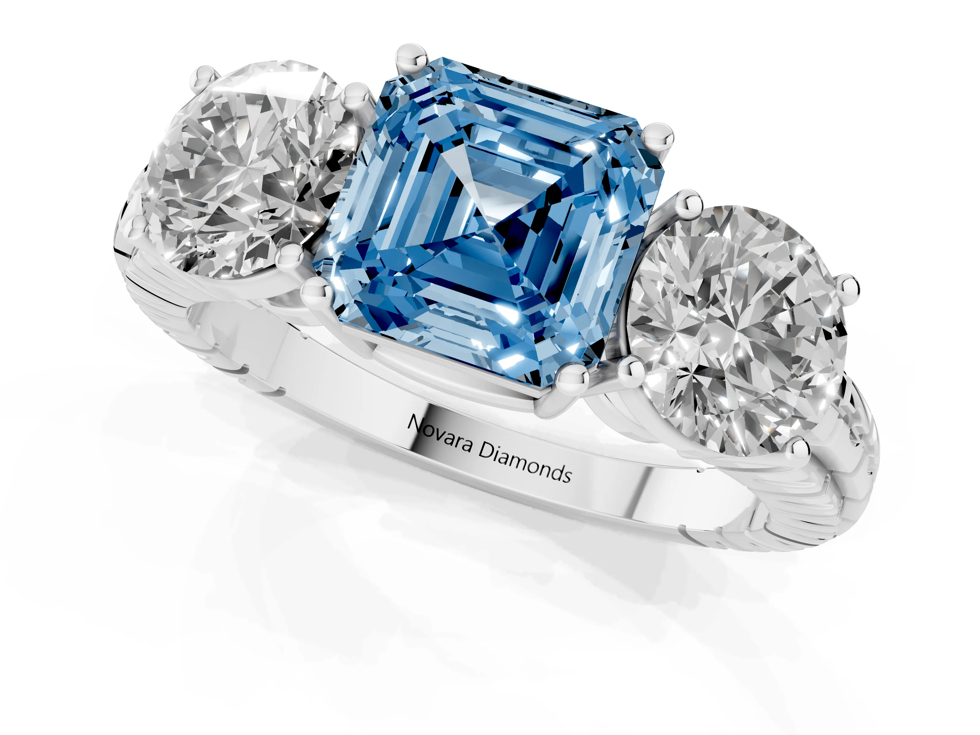 Fancy Blue Asscher Cut Diamond Three-Stone Ring Set in Silver with Channel-Set Accent Band