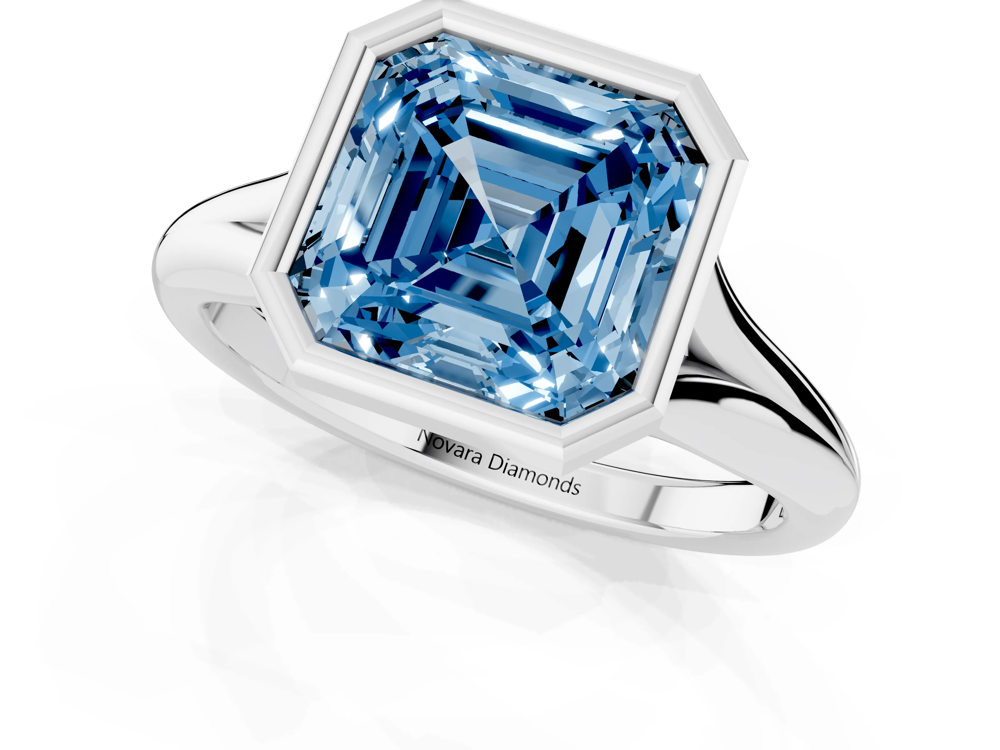 Fancy Blue Bezel Set Asscher Cut Diamond Solitaire Ring Set in Silver with Smooth Band