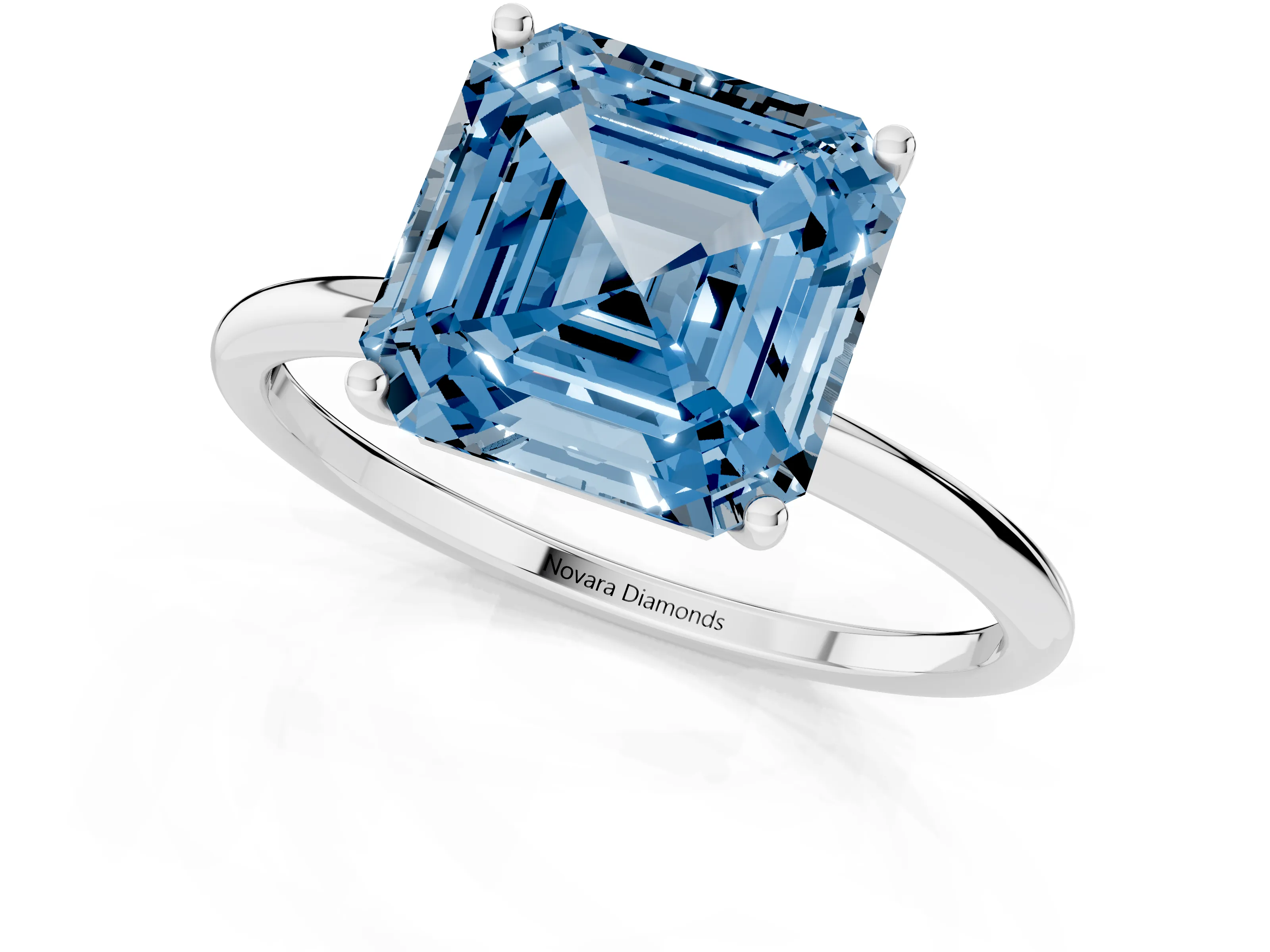 Fancy Blue Asscher Cut Diamond Solitaire Engagement Ring Set in Platinum with Thin Band and Prong Setting – second view
